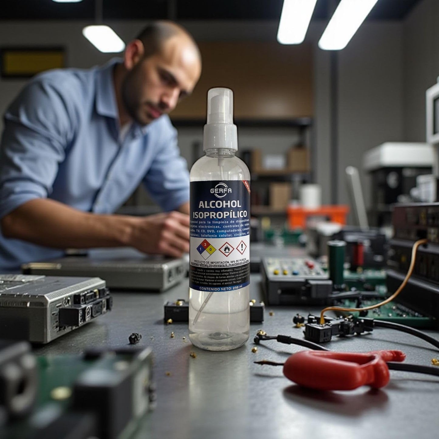 GERFA Alcohol Isopropílico 99% Puro 250ml | Limpieza Electrónica, Dispositivos, Lentes, Circuitos y Más | Evaporación Rápida y Libre de Residuos