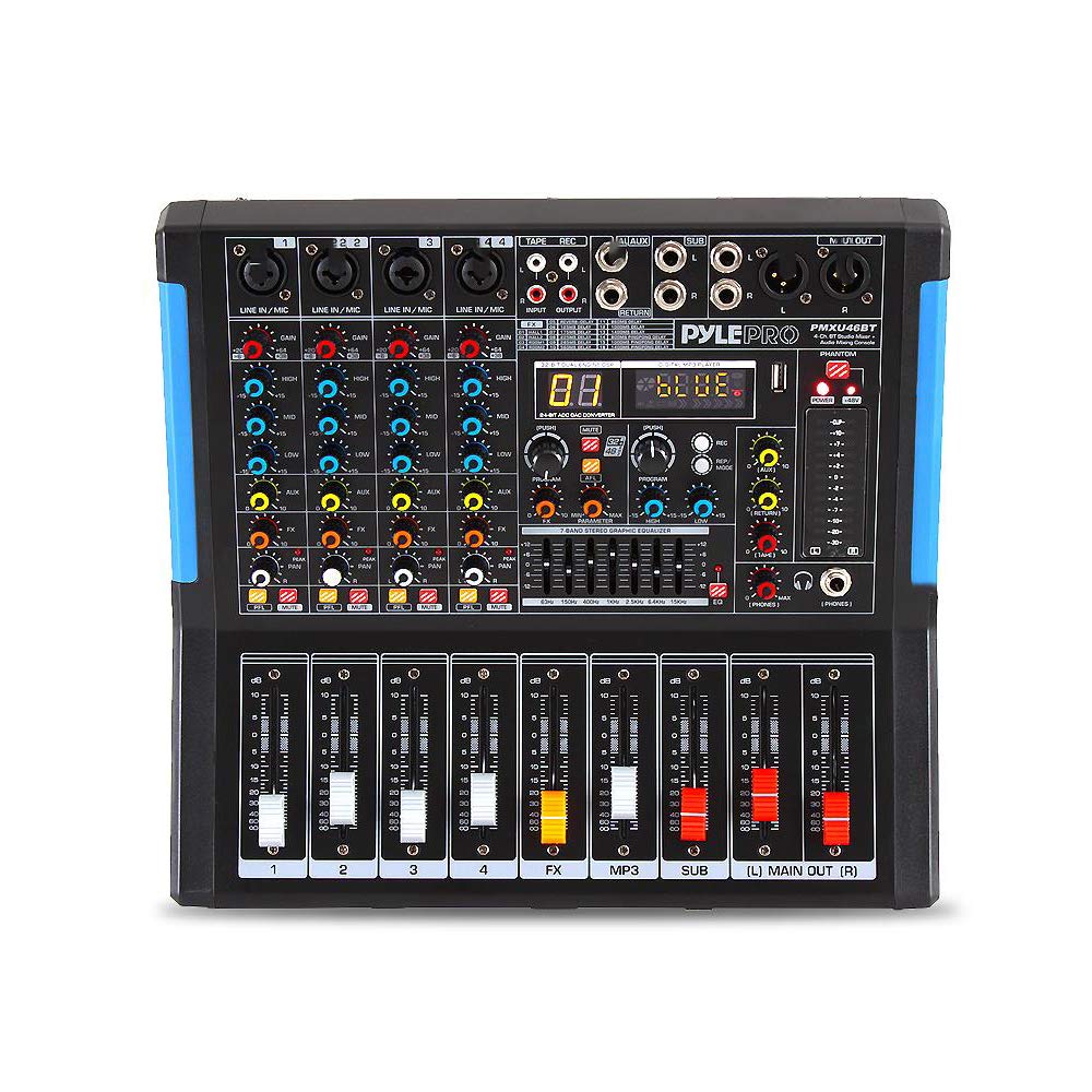 Bluetooth Studio Audio Mixer - Interfaz de controlador de sonido DJ con unidad USB para entrada de grabación de PC, conector de micrófono XLR, alimentación de 48V, entrada / salida para profesionales y principiantes, 4 canales Pro, Negro