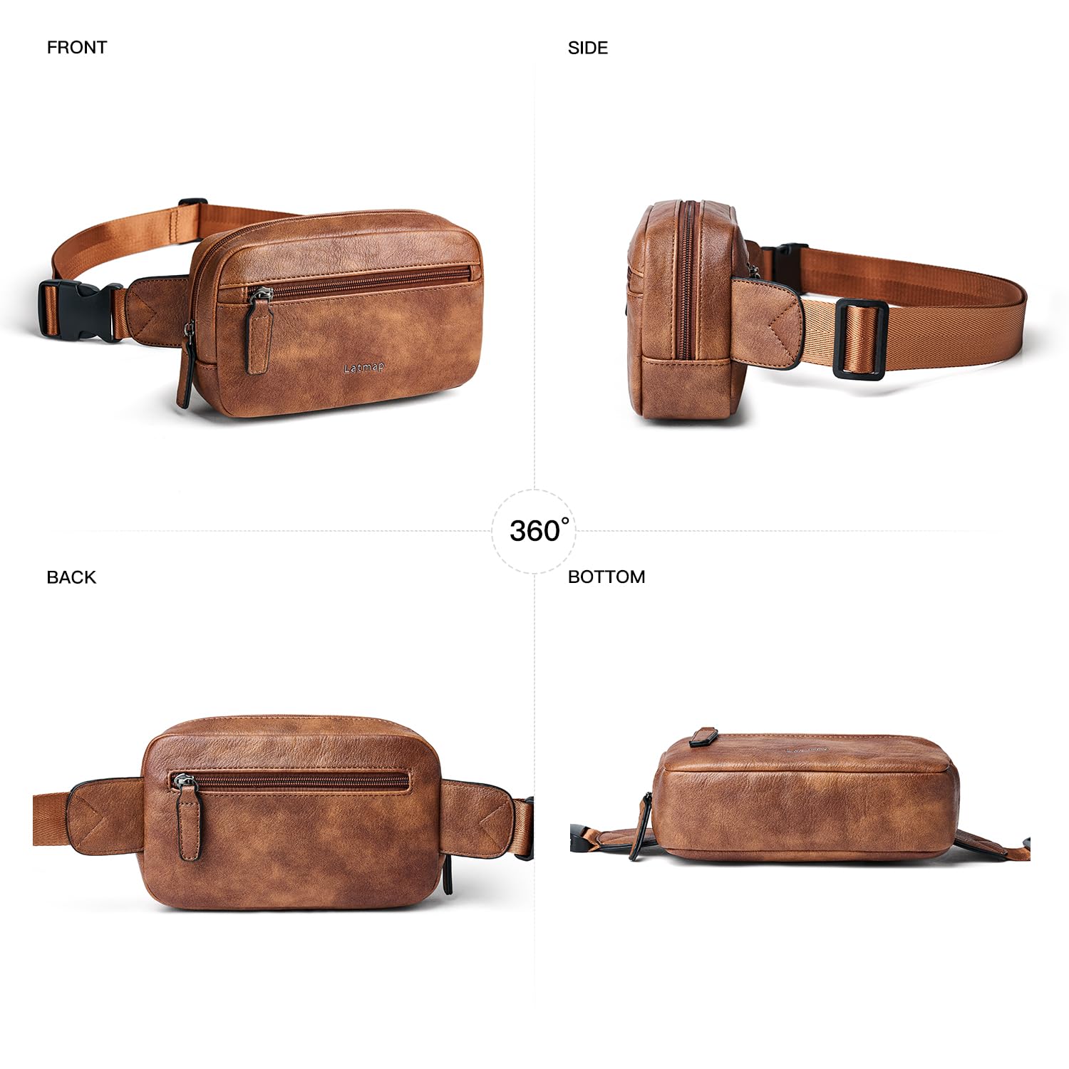 LATMAP - Riñonera de 2 L para todas partes, pequeña y a la moda, bandolera de piel sintética, impermeable, para mujer, a la moda, Marrón, Pequeño, Moda casual