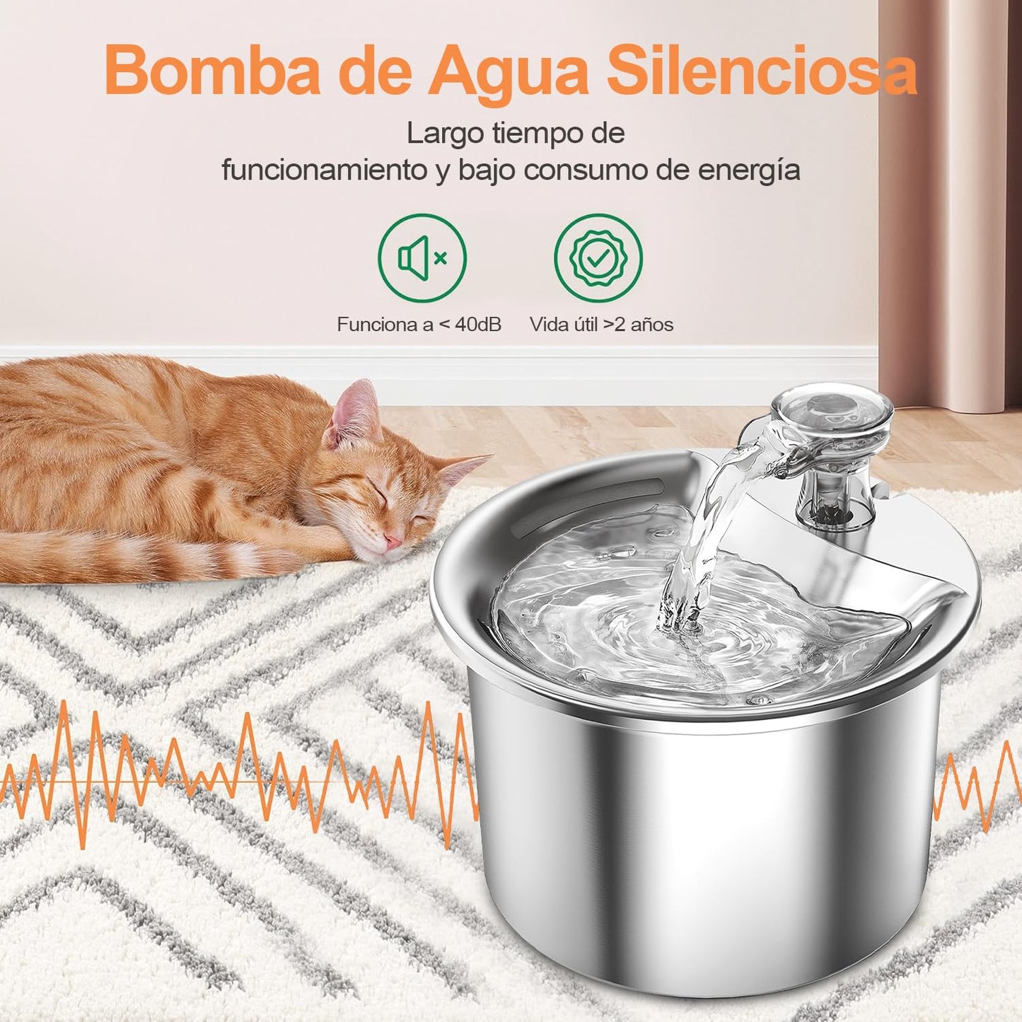GAMAXIMA Fuente de Agua para Gato, 304 Acero Inoxidable Bebedero para Gato Perro, 68oz/2 L Fuente para Gato, Bebedero con Doble Grifo y Bomba Silenciosa para Gatos, Perros y Varias Mascotas