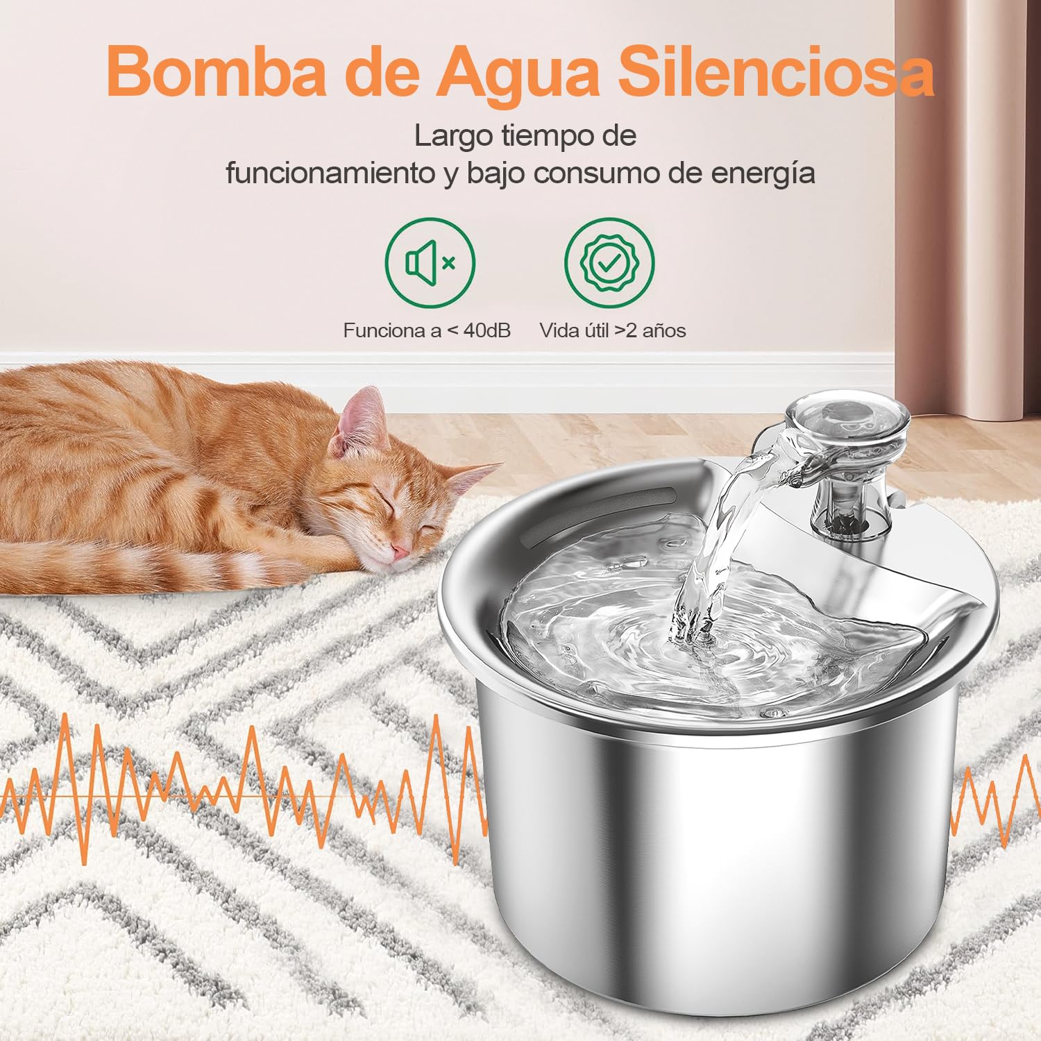GAMAXIMA Fuente de Agua para Gato, 304 Acero Inoxidable Bebedero para Gato Perro, 68oz/2 L Fuente para Gato, Bebedero con Doble Grifo y Bomba Silenciosa para Gatos, Perros y Varias Mascotas