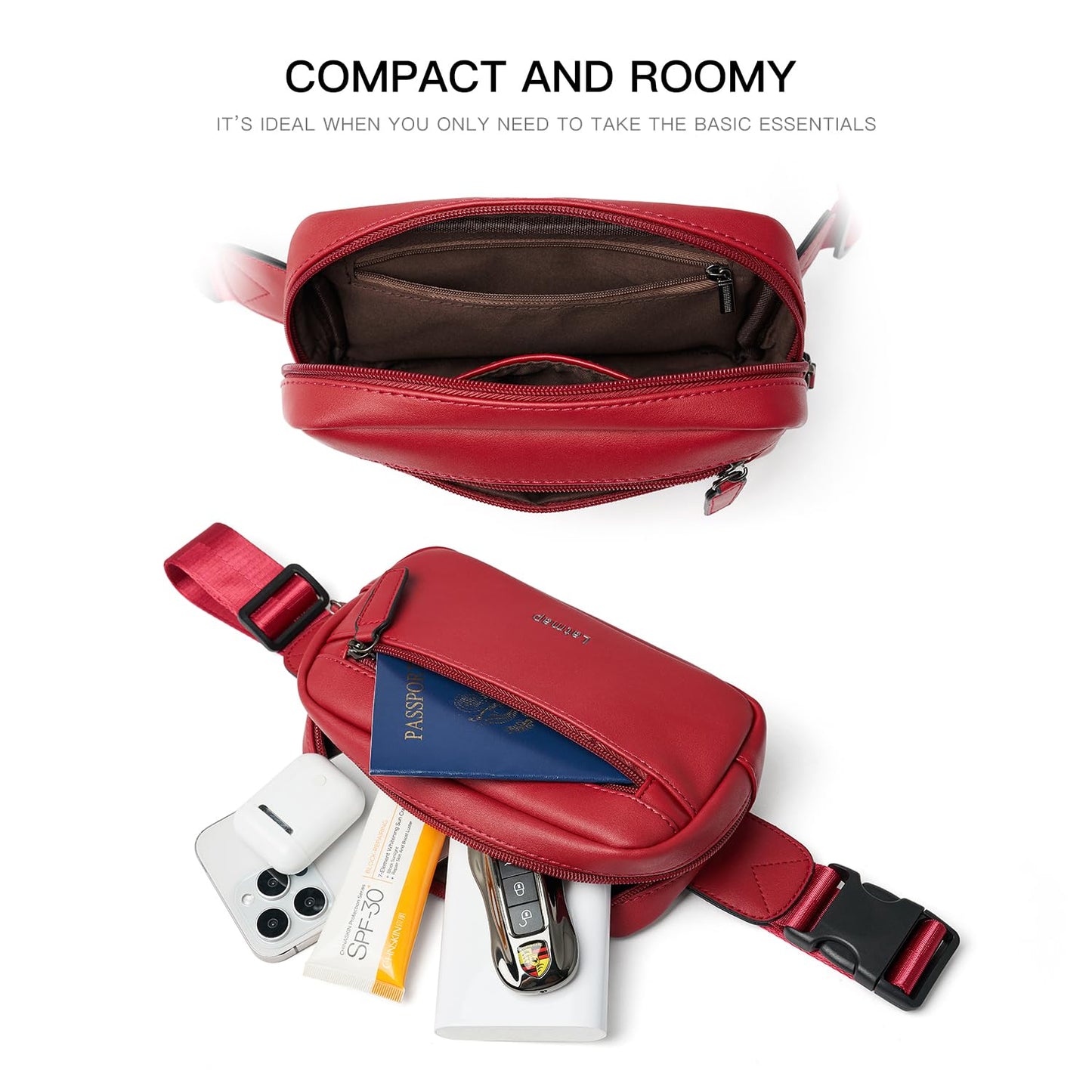 LATMAP - Riñonera de 2 L para todas partes, pequeña y a la moda, bandolera de piel sintética, impermeable, para mujer, a la moda, Rojo -, 7.87 x 5.70 x 2.16 inches
