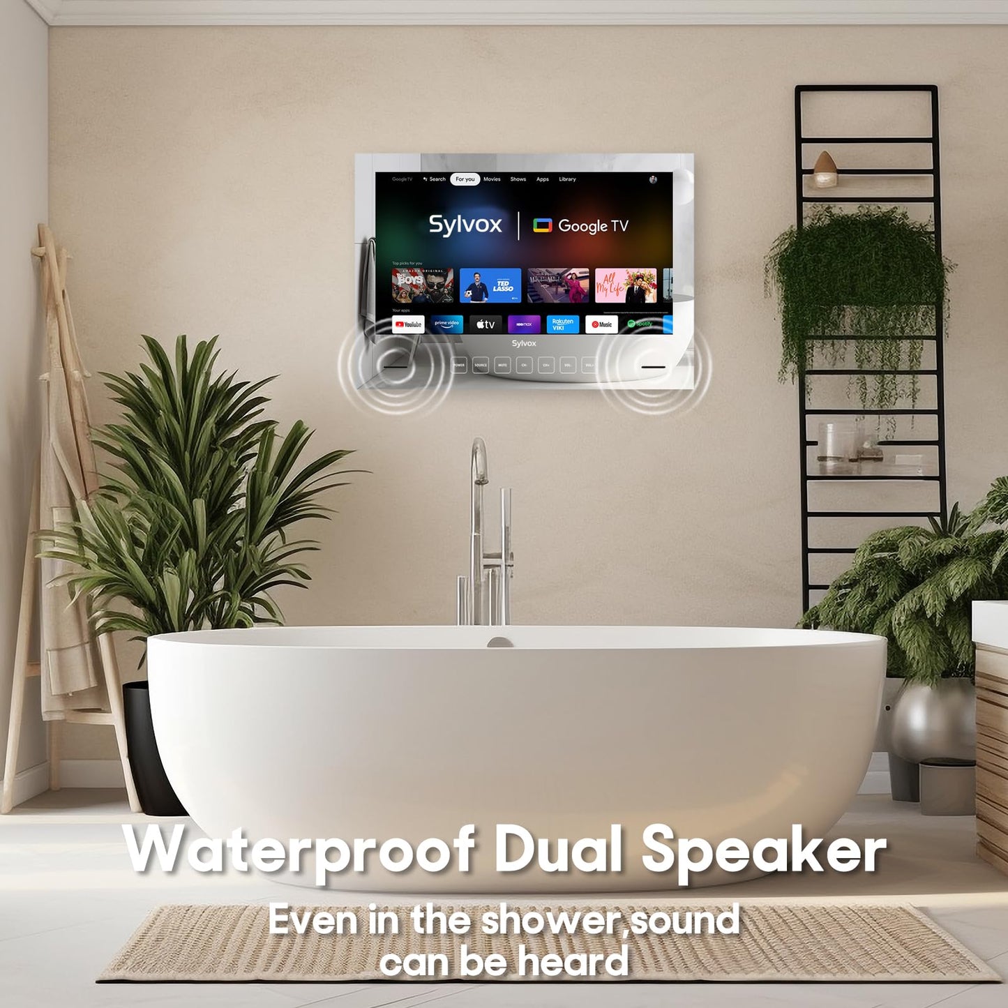 Televisor SYLVOX Espejo Impermeable Negro 24 Pulgadas con Google OS y Control por Voz para Baño