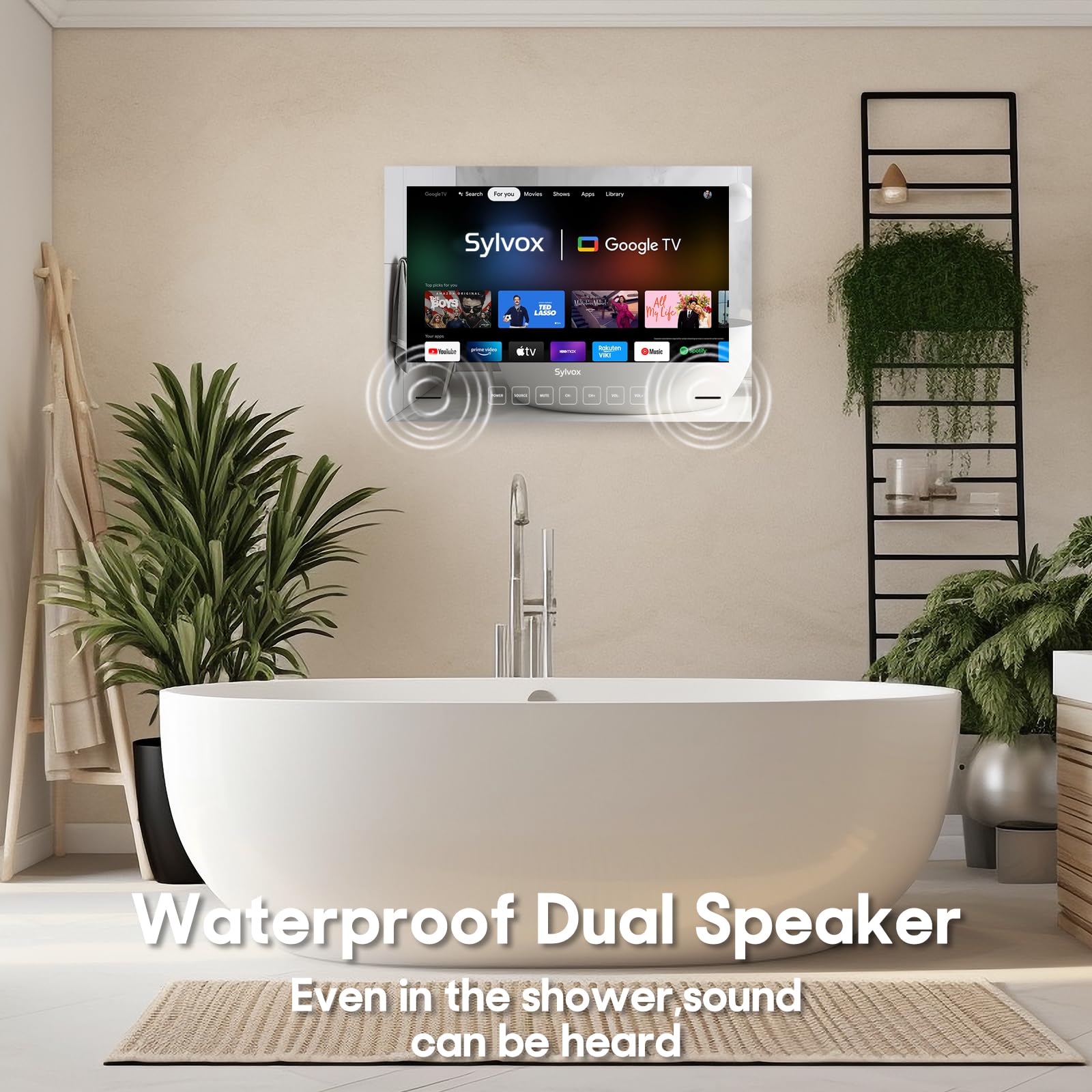 Televisor SYLVOX Espejo Impermeable Negro 24 Pulgadas con Google OS y Control por Voz para Baño