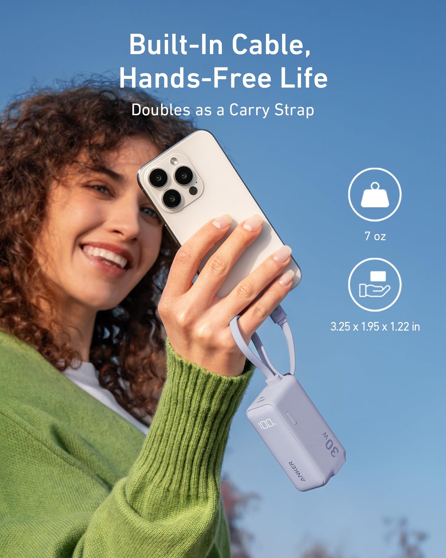 Power Bank Anker USB-C Negro 5,000 mAh con Cable Integrado y Enchufe Plegable 30W para Hombre