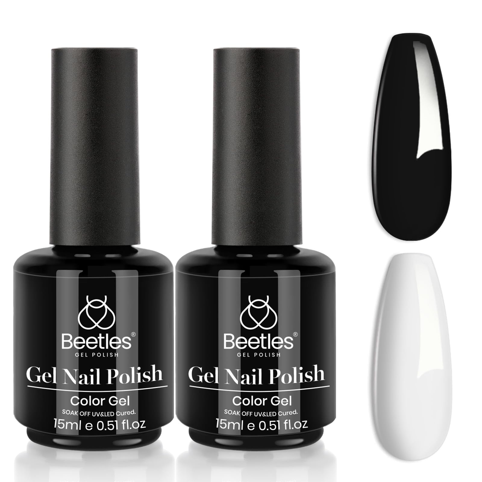 Kit de esmalte de uñas de gel Beetles, 2 piezas de 15 ml de esmalte de gel blanco y negro, esmalte de uñas de gel negro, esmalte de uñas negro, esmalte de gel LED, arte de uñas, salón de manicura, bricolaje en casa