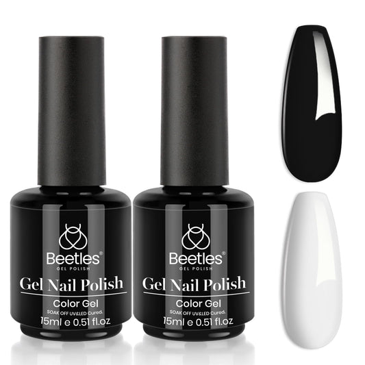Kit de esmalte de uñas de gel Beetles, 2 piezas de 15 ml de esmalte de gel blanco y negro, esmalte de uñas de gel negro, esmalte de uñas negro, esmalte de gel LED, arte de uñas, salón de manicura, bricolaje en casa