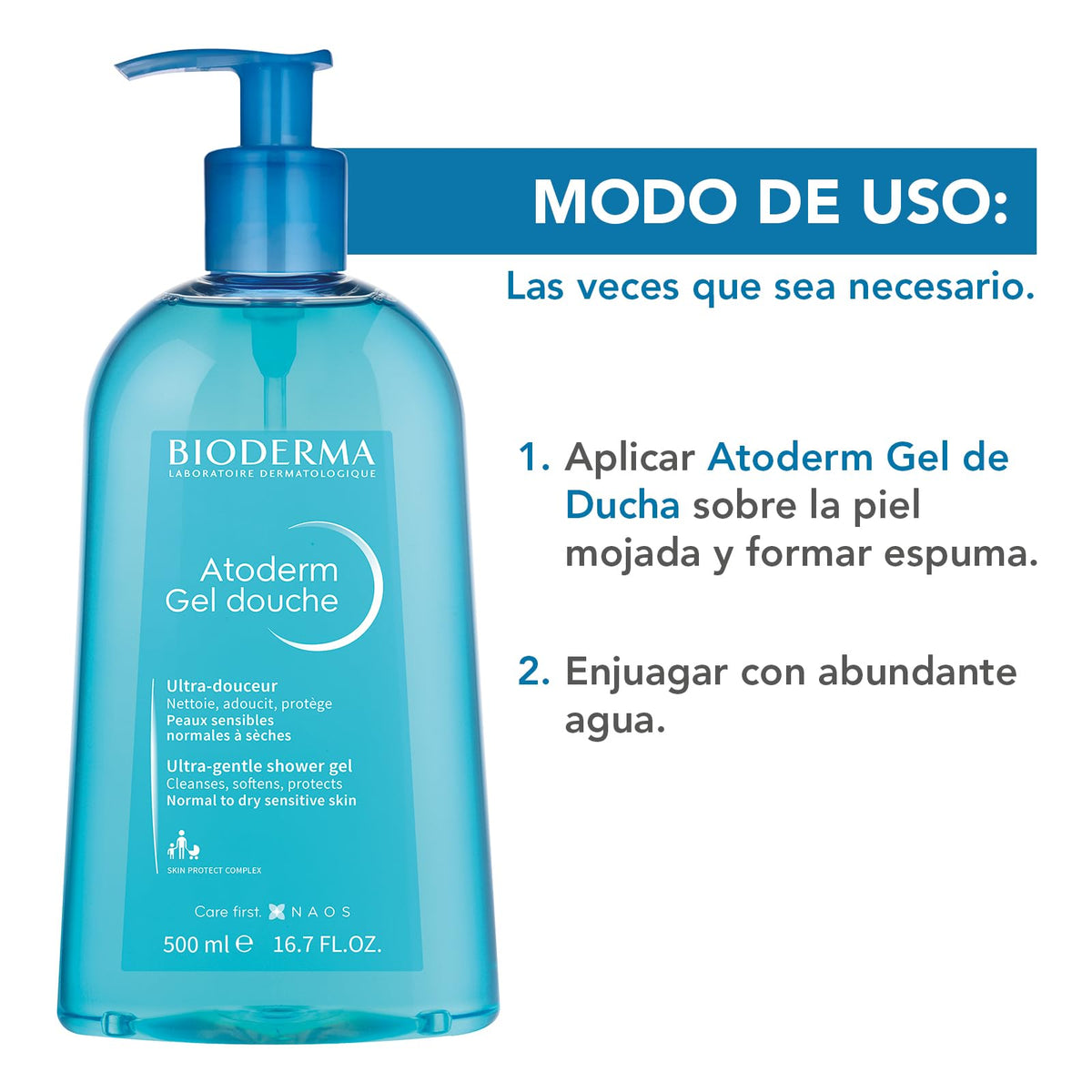 BIODERMA, Atoderm, Gel de Ducha Limpiador Suave sin Jabón, Skincare Piel Muy Seca con Tendencia Atópica, 500ML