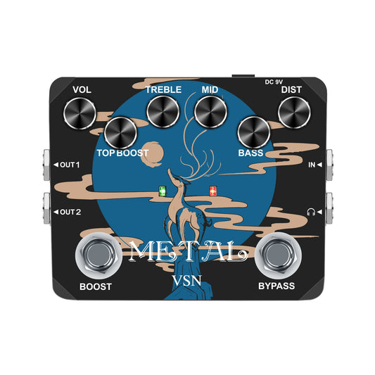 Pedal de Distorsión VSN Heavy Metal Muff Top Boost para Guitarra Metal 80s y 90s Negro