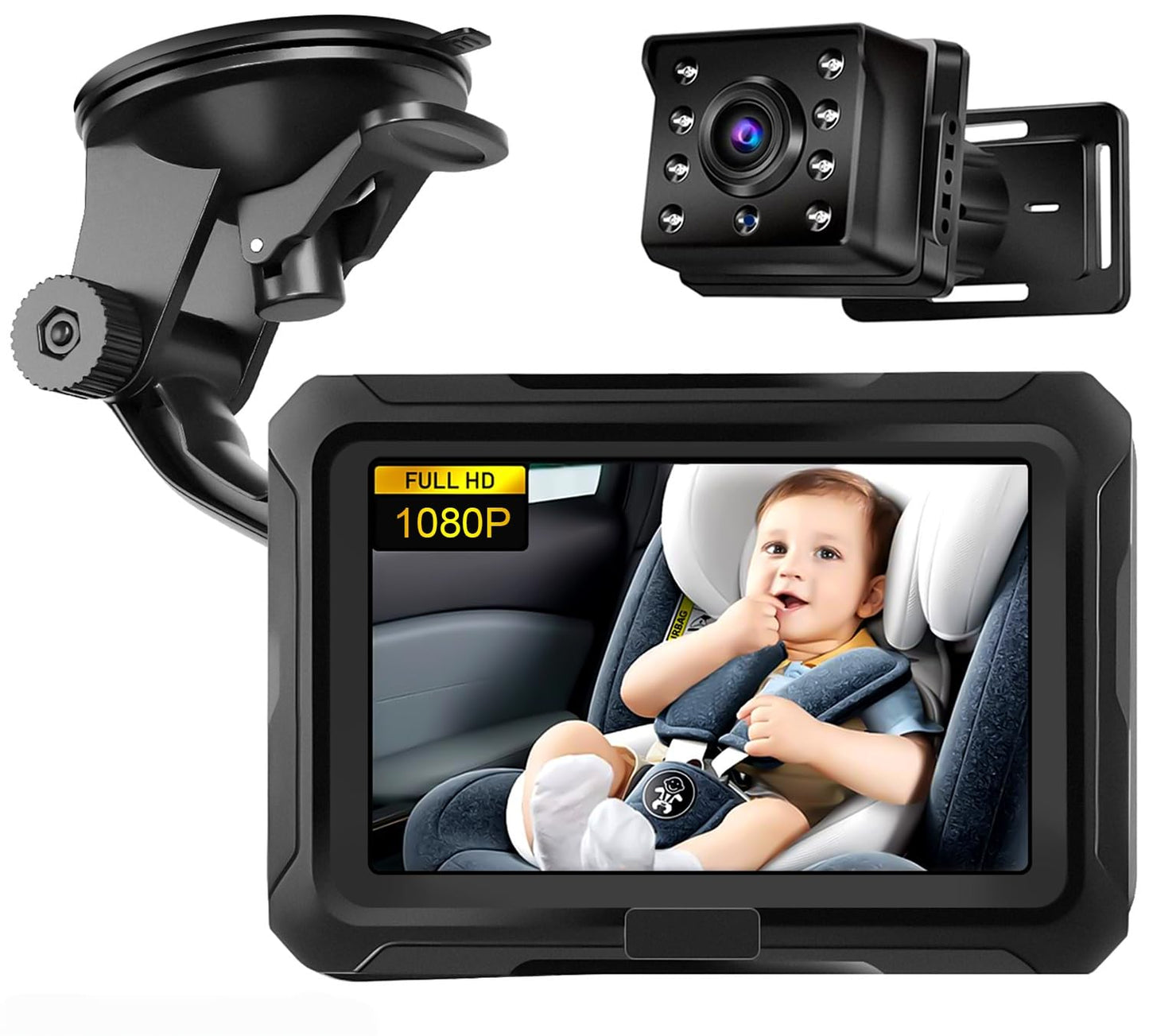 Muja Cámara Coche Bebé Asiento Trasero, Pantalla HD de 4.3 Pulgadas 1080p, Espejo Retrovisor para Cochecito de Bebé, El Coche con Cámara Giratoria de 360°, Lente Gran Angular de 150°
