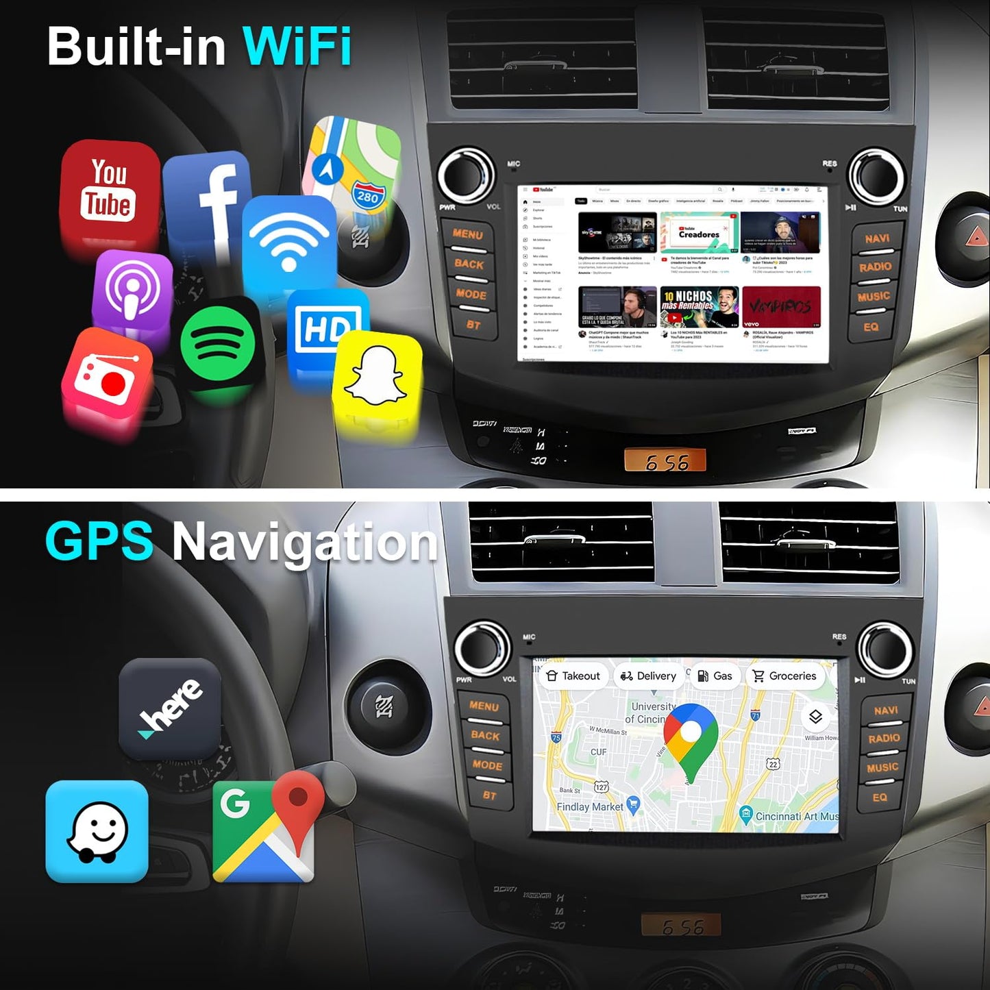 Radio estéreo de coche 4+64G para Toyota RAV4 2006 2007 2008 2009 2010 2011 2012 inalámbrico CarPlay Android Auto, visualización táctil estéreo GPS Navi WiFi, cámara de respaldo, botón físico FM