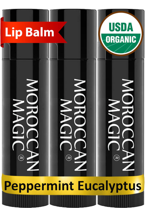 Bálsamo Labial Moroccan Magic Menta Eucalipto Orgánico 3 Pack para Suave Aplicación