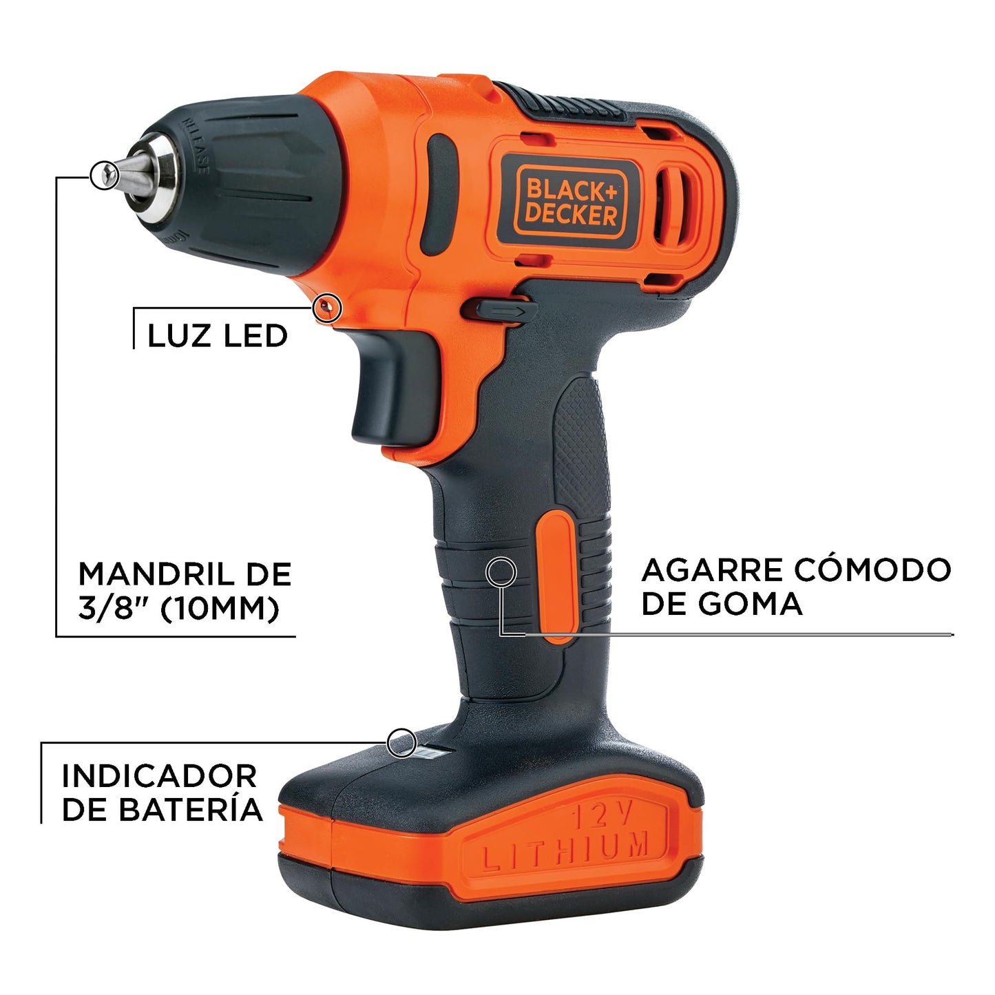 BLACK+DECKER Taladro Atornillador 3/8" (10mm), 12V, Incluye Cargador y 13 Accesorios, LD12S