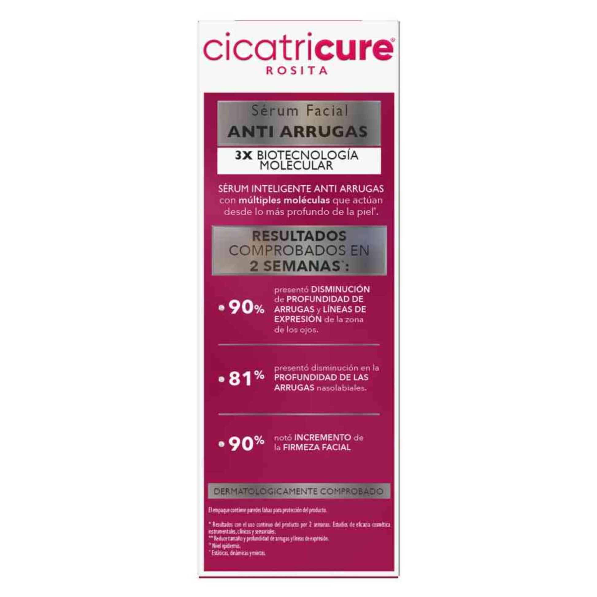 CICATRICURE - Sérum Facial Anti-arrugas. Con biotecnología molecular tensa, tonifica, rellena y disminuye arrugas en 2 semanas. Para todo tipo de piel. Presentación con 30ml