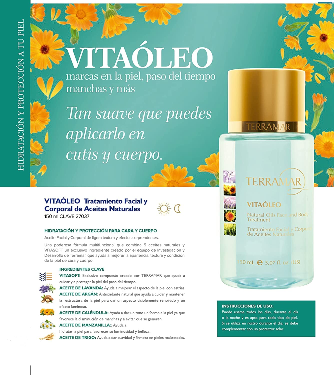 TERRAMAR VITAOLEO Tratamiento Facial y Corporal de Aceites Naturales, contra resequedad extrema, cicatrices, estrías , manchas y cuidados de tatuajes 150 ml + REGALO bisuteria acero inox + Sello en empaque de producto original.