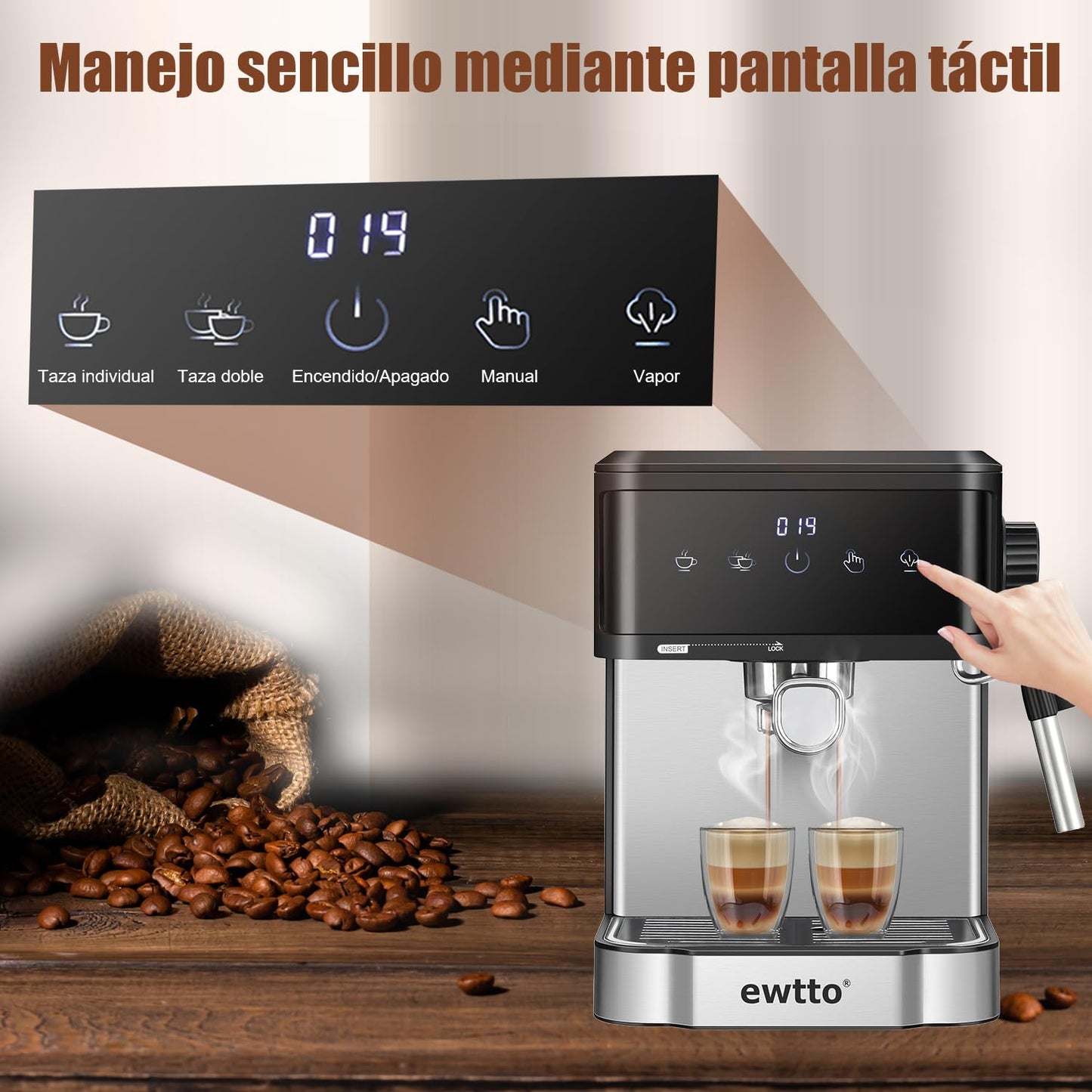 Cafetera Automática de Espresso，Cafetera Espresso y Cappuccino con Espumador de Leche, Pantalla Táctil Máquina de Café Profesional de Capuchinos Mocha y Latte, 1.7L, 20 Bares, 850W