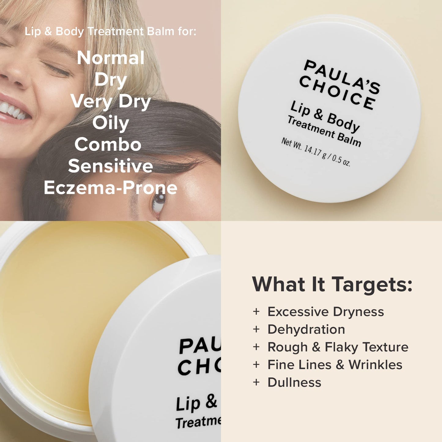 Paula' s Choice Lip & Body Treatment Balm 0.5 Oz -Dry/very Dry Skin/eczema/targeted Relief for Dry Lips, Cuticles, Feet, Hands - 100% Fragrance Free and Colorant-free