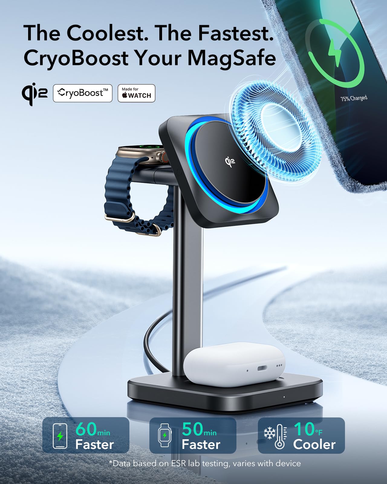 ESR - Soporte de cargador MagSafe, estación de carga 3 en 1 con CryoBoost, estación de carga inalámbrica de refrigeración por teléfono, soporte MagSafe de 15 W certificado Qi2, para iPhone16/15/14/13