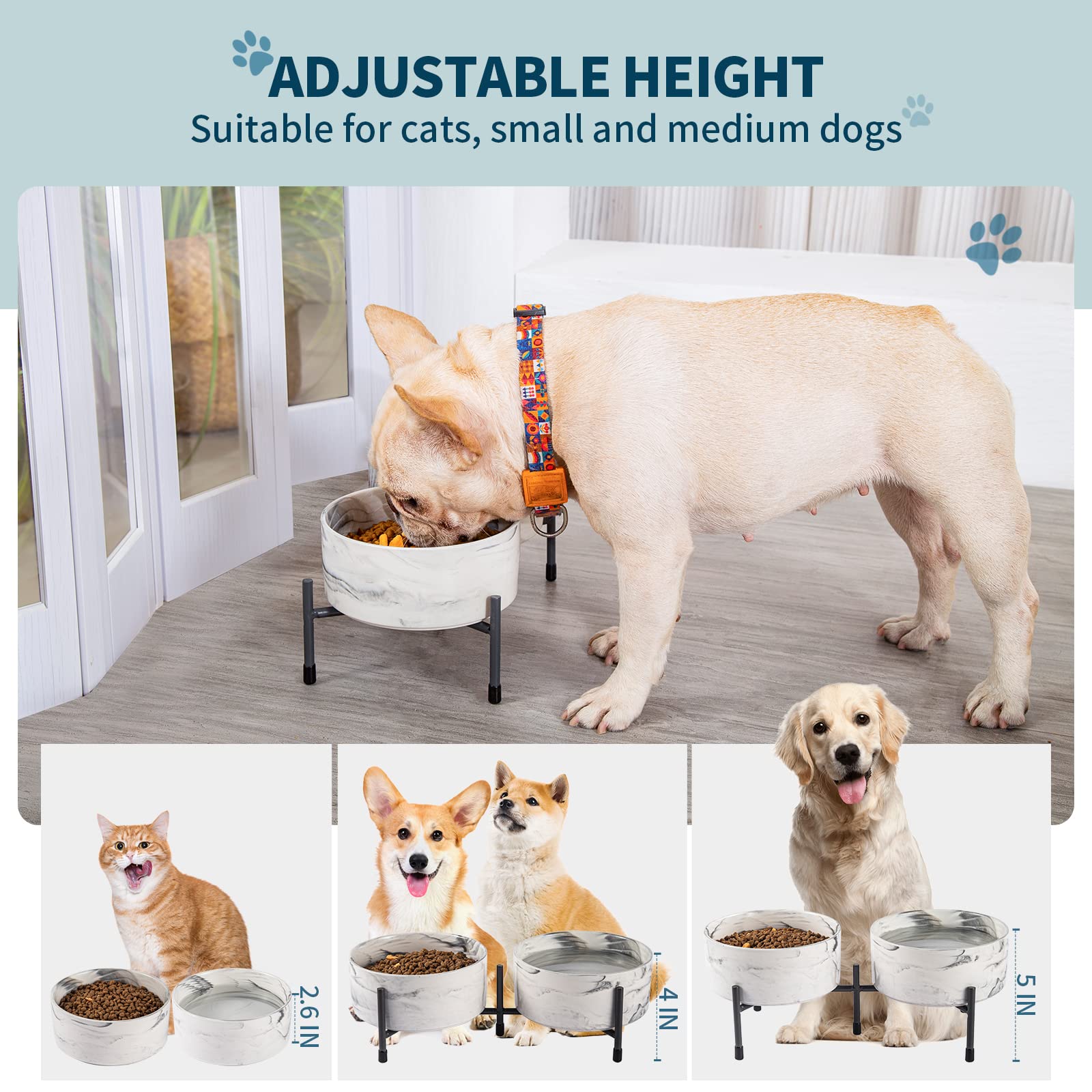 Cuencos de cerámica para perros y gatos de 32 onzas con soporte de metal elevado, juego de cuencos redondos de porcelana de 6 pulgadas, cuencos de alimentación para mascotas para gatos y perros, gris mármol, juego de 2