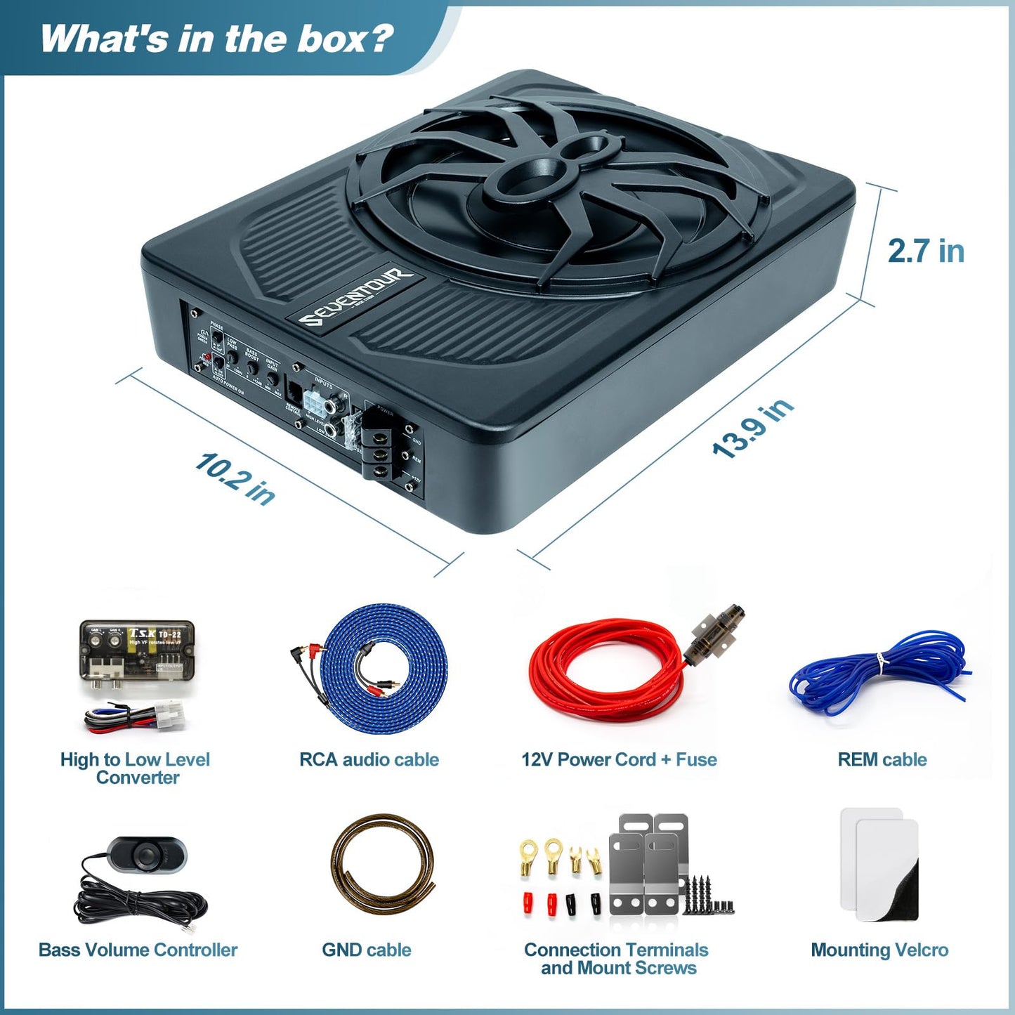 Subwoofer de coche de 800 W de actualización delgado para debajo del asiento de 10 pulgadas, subwoofer de audio para coche/camión, amplificador integrado, con luz LED azul (subwoofer + kit de cable de