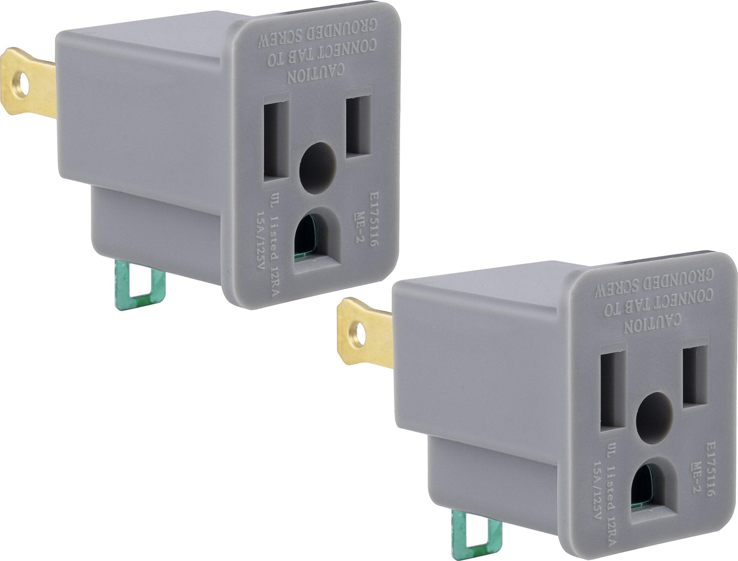GE Extensor de toma de tierra polarizado, paquete de 2, convierte 2 puntas en 3, fácil de instalar, interior, con certificación UL, gris, 54302