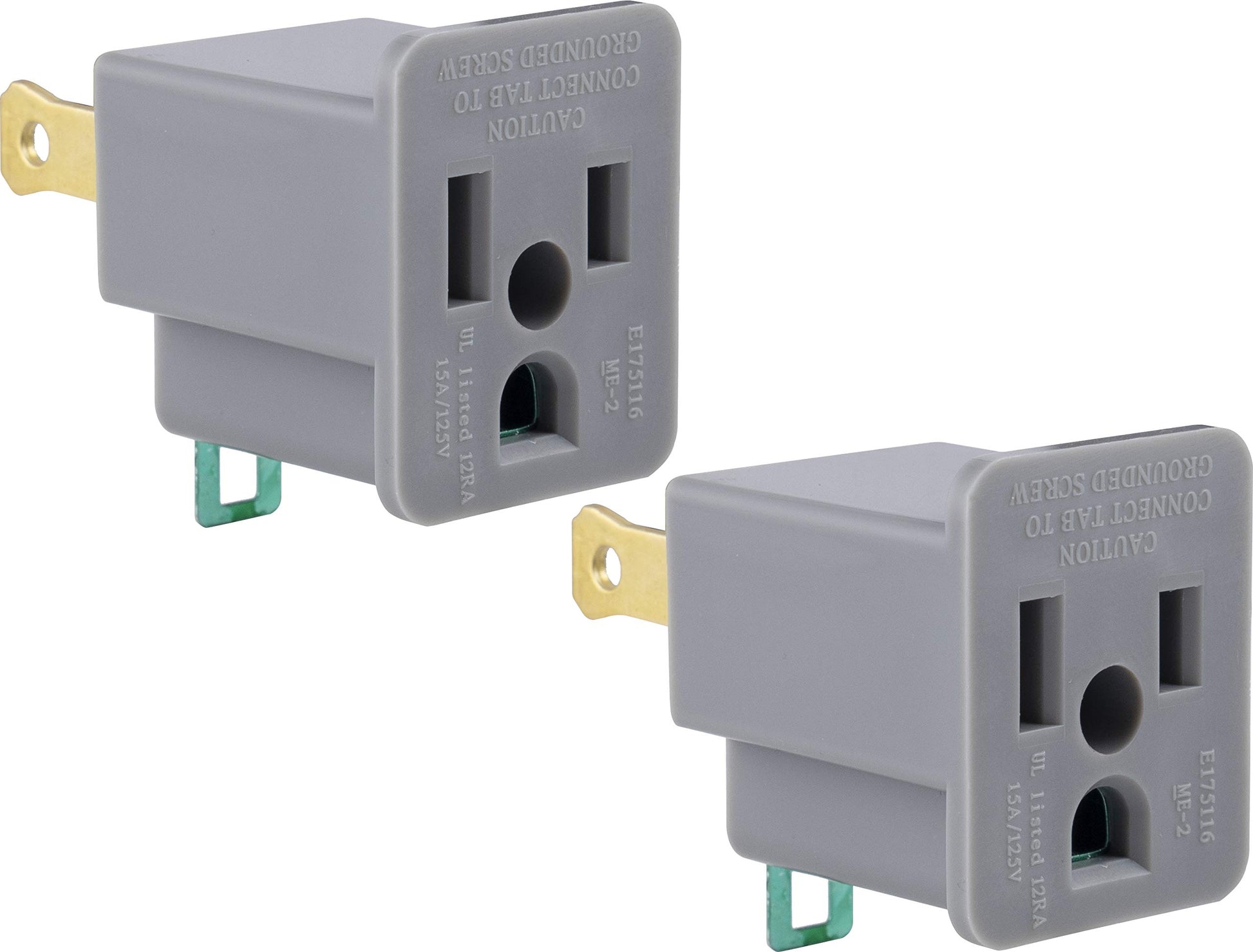 GE Extensor de toma de tierra polarizado, paquete de 2, convierte 2 puntas en 3, fácil de instalar, interior, con certificación UL, gris, 54302