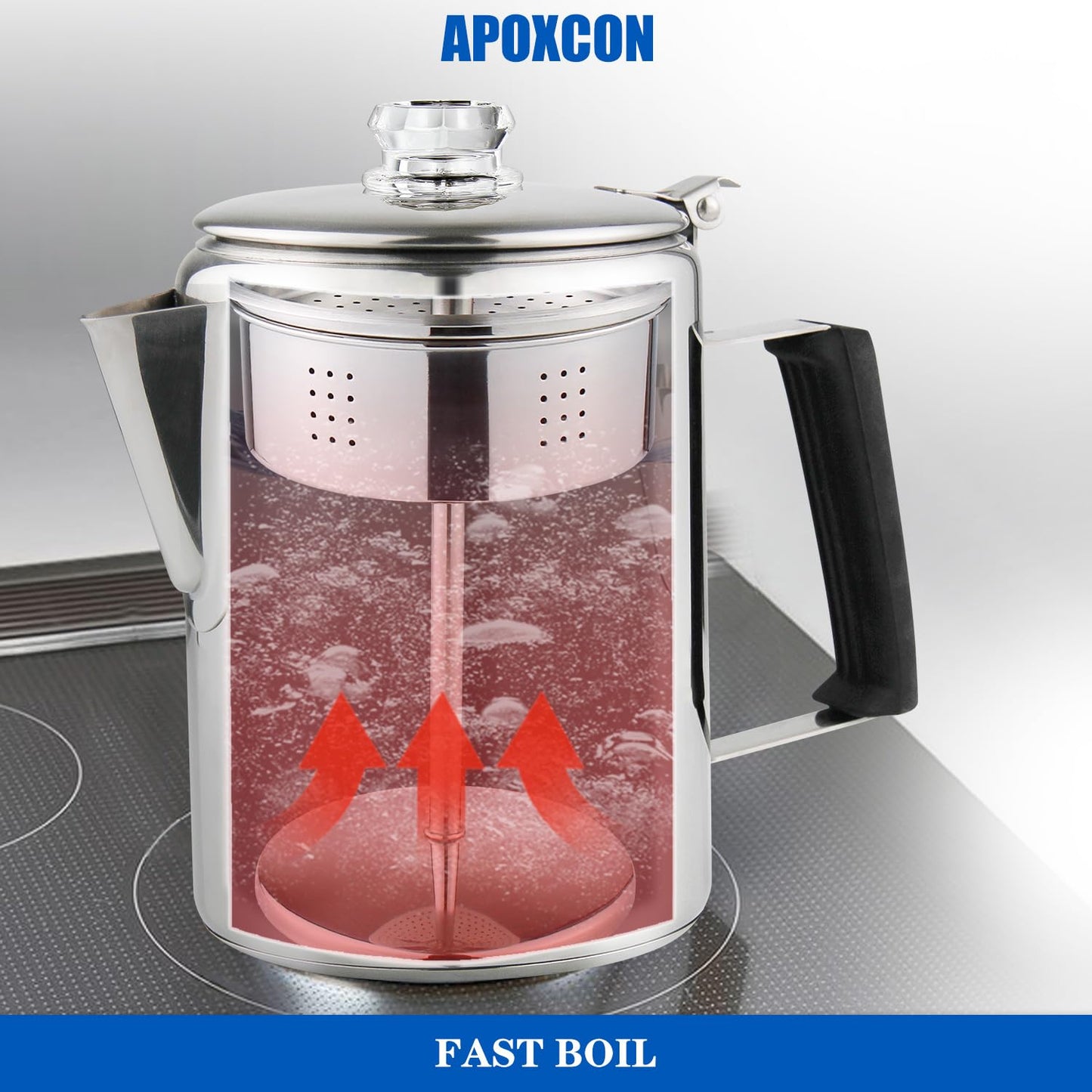 Cafetera APOXCON Plata de Acero Inoxidable con Pomos de Vidrio Borosilicato para Estufa y Camping, 9 Tazas