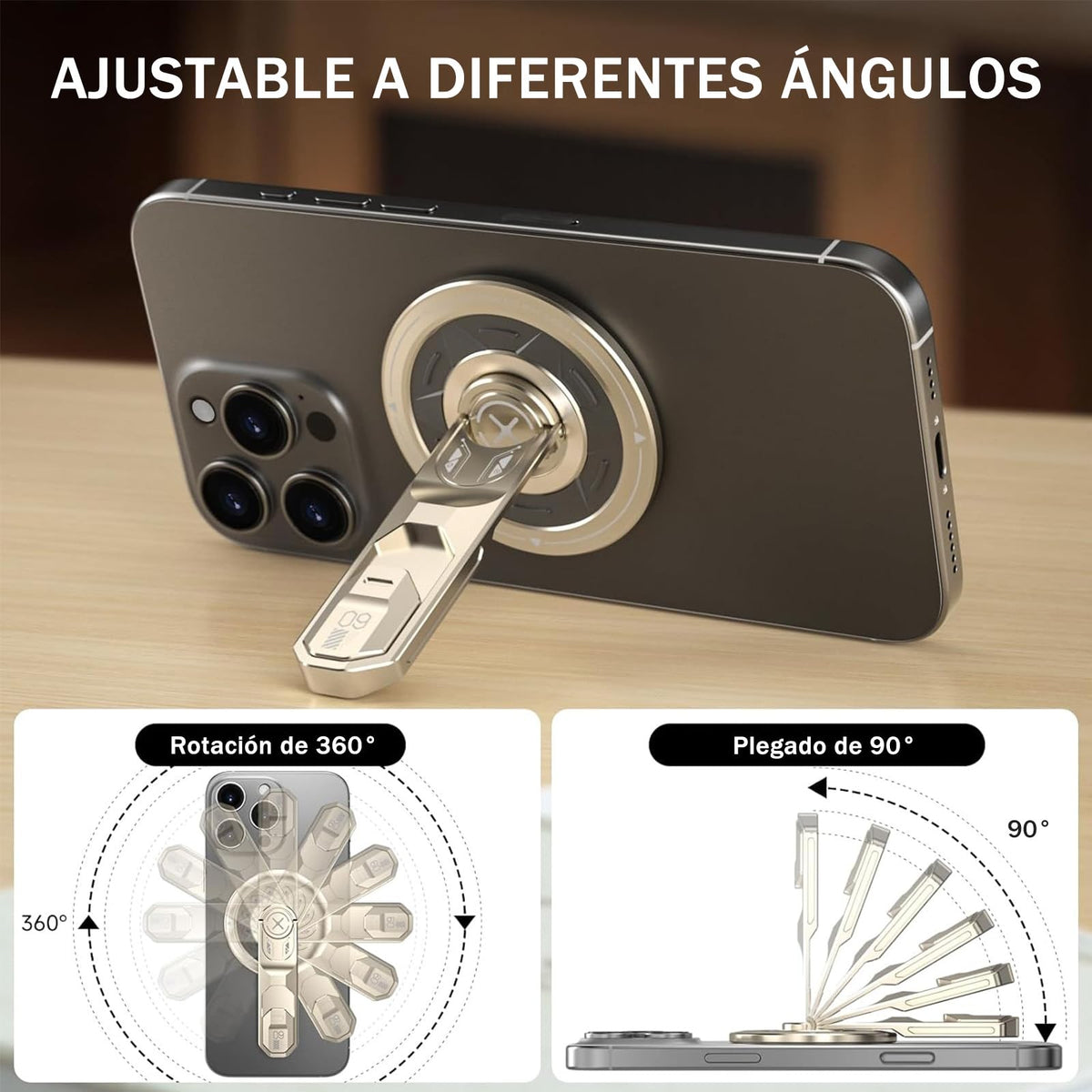 Soporte Magnético para Celular Aleación de Aluminio Dorado 360° con Anillo y Botón de Alivio de Presión
