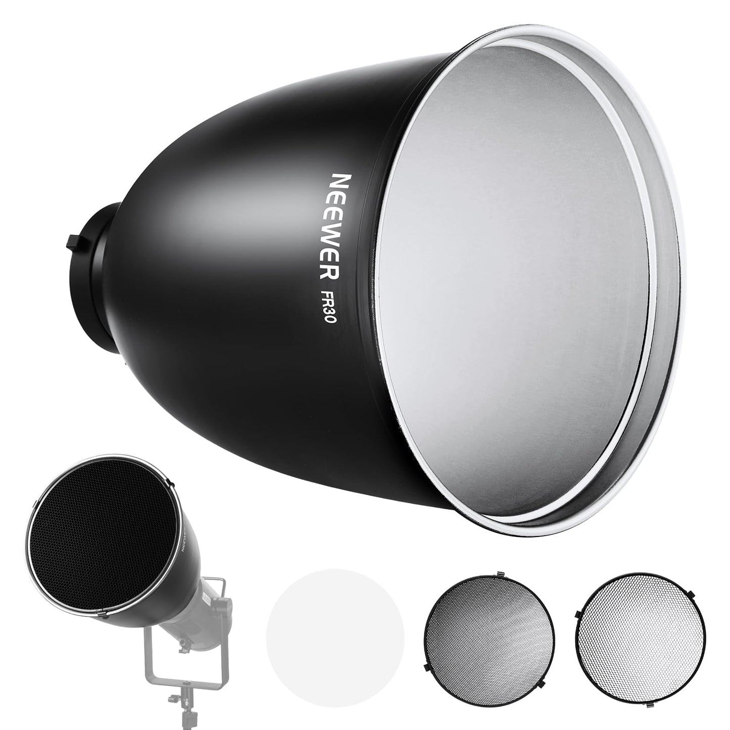 NEEWER 11,6"/29,5cm Soporte Bowens Reflector Enfoque Profundo con 15°/30° Honeycomb Grids y Tela Suave, 45° Pantalla Difusor Compatible con Godox Estudio Strobe Flash Luz Speedlite, FR30