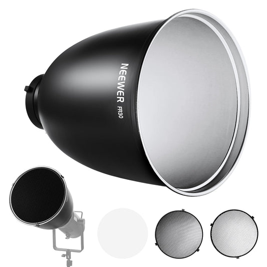 NEEWER 11,6"/29,5cm Soporte Bowens Reflector Enfoque Profundo con 15°/30° Honeycomb Grids y Tela Suave, 45° Pantalla Difusor Compatible con Godox Estudio Strobe Flash Luz Speedlite, FR30
