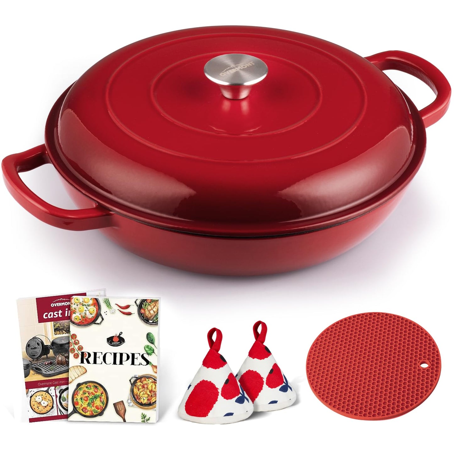 Overmont - Utensilios de cocina esmaltados de hierro fundido con libro de cocina y tapa, olla de horno holandés de 3.2 cuartos con revestimiento de esmalte para estofar, guisos, asar, hornear pan