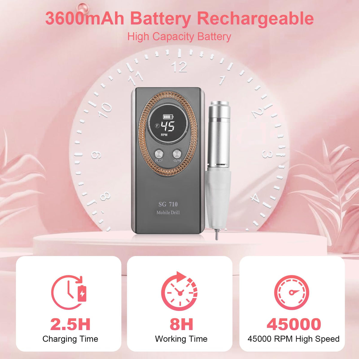 Taladro de Uñas Eléctrico ABZXT 45000 RPM Recargable Portátil para Bricolaje