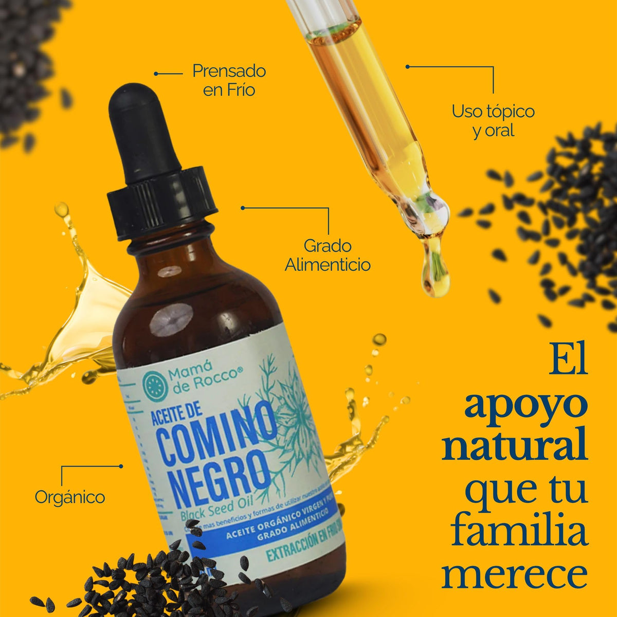 Mamá de Rocco | Aceite de Comino Negro Orgánico Prensado en Frío | Nigella Sativa Grado Alimenticio | Uso Tópico y Oral
