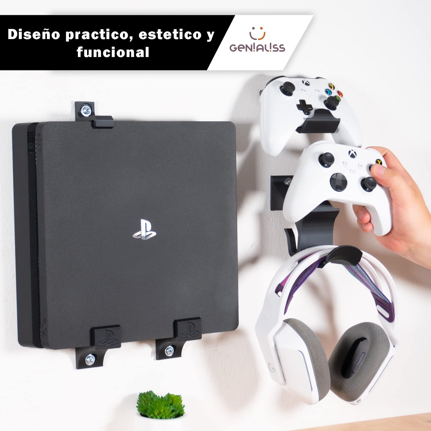 GENIALISS - Base Soporte para Consola PS4 Slim de Pared/Playstation 4 Slim/Play 4 Slim + Base Soporte para Control dualshock 4 y Soporte para audifono