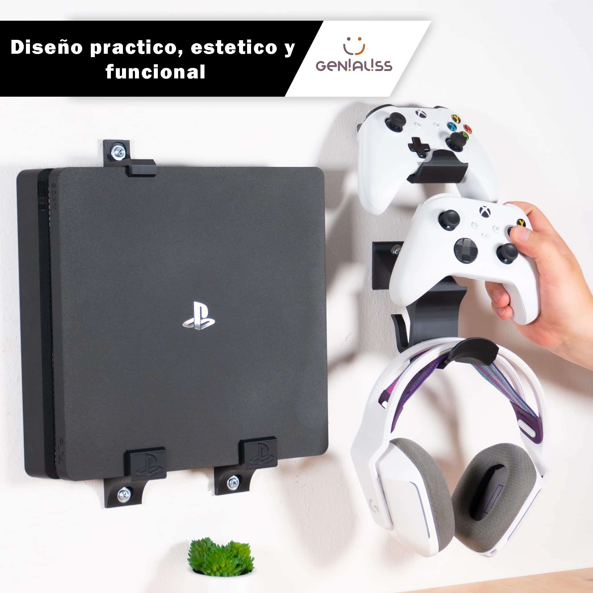 GENIALISS - Base Soporte para Consola PS4 Slim de Pared/Playstation 4 Slim/Play 4 Slim + Base Soporte para Control dualshock 4 y Soporte para audifono