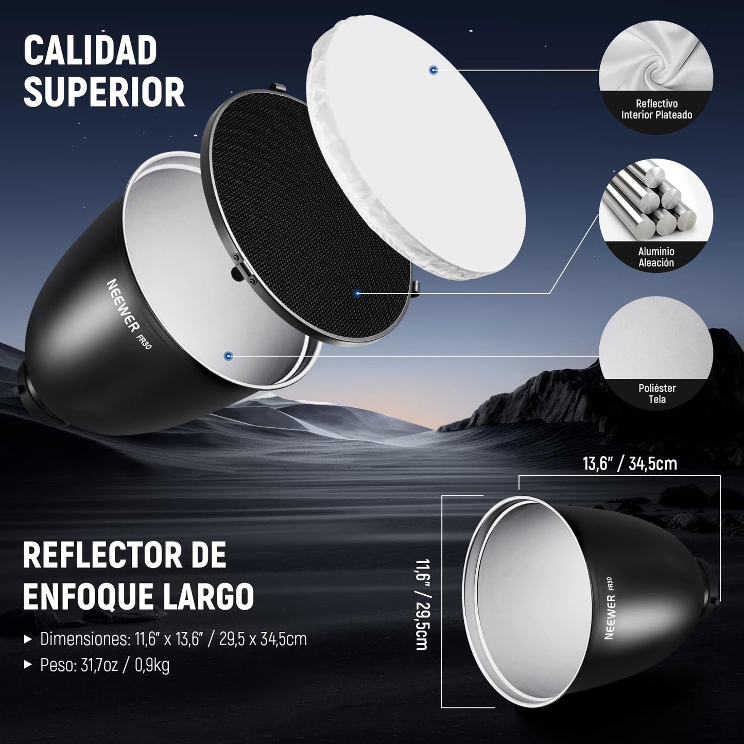 NEEWER 11,6"/29,5cm Soporte Bowens Reflector Enfoque Profundo con 15°/30° Honeycomb Grids y Tela Suave, 45° Pantalla Difusor Compatible con Godox Estudio Strobe Flash Luz Speedlite, FR30
