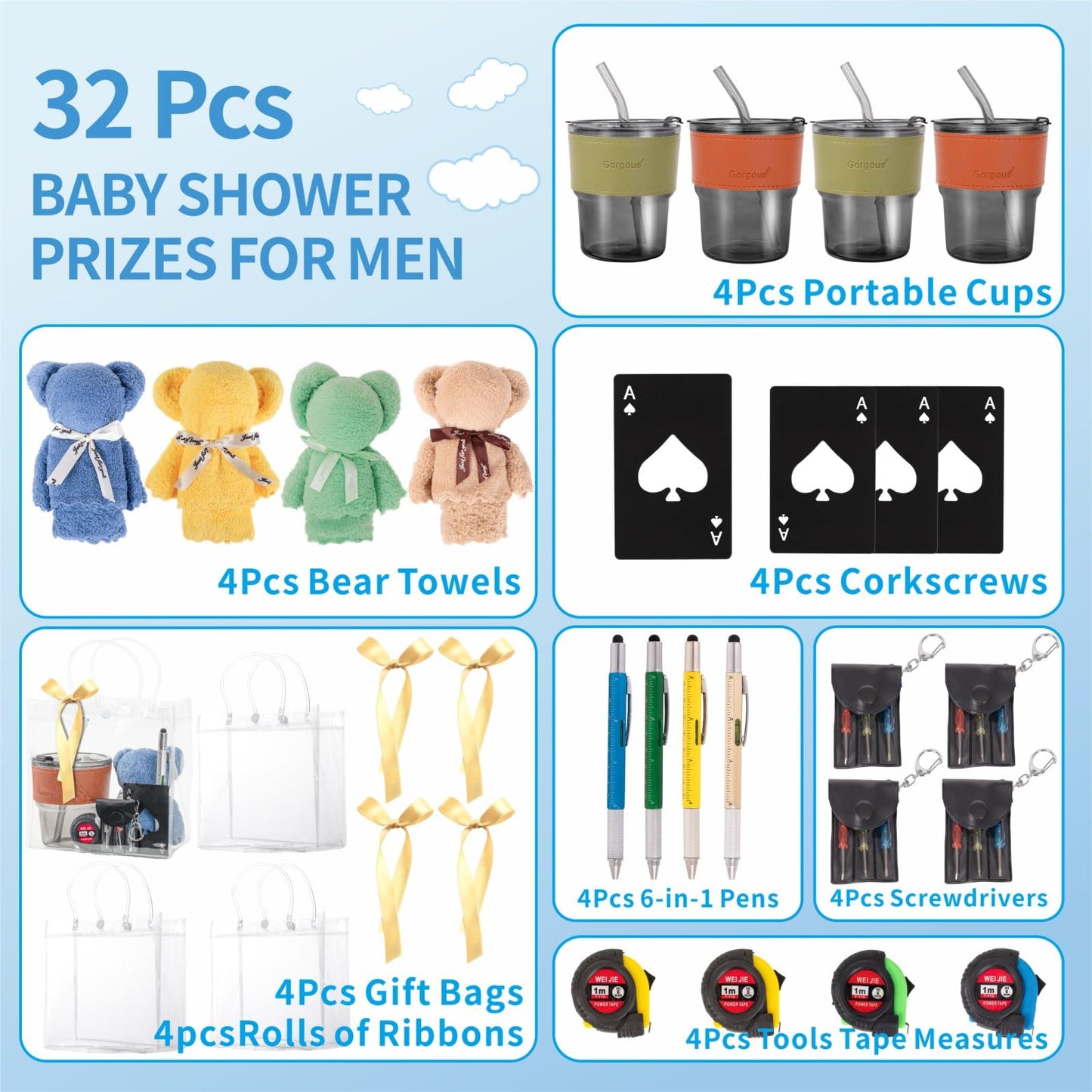 Buecobby - Juego de 4 premios para baby shower para hombres, con vaso de vidrio, paño de limpieza, abridor de botellas, mini destornillador, juego de llaveros, bolígrafo multiherramienta, premios