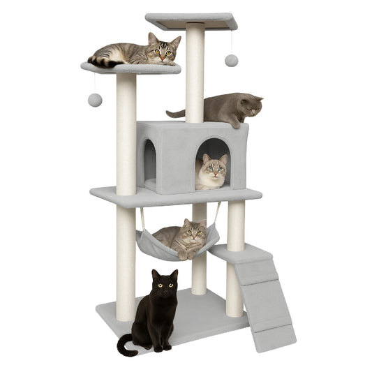 POLI PETS Rascador para Gatos Persa, Árbol para Gatos con Escalera, Escondite y Hamaca, Estructura Cubierta de Sisal y Felpa, Seguro, Cómodo y Duradero, Castillo para Gatos 125 X 50 X 40cm (Gris)