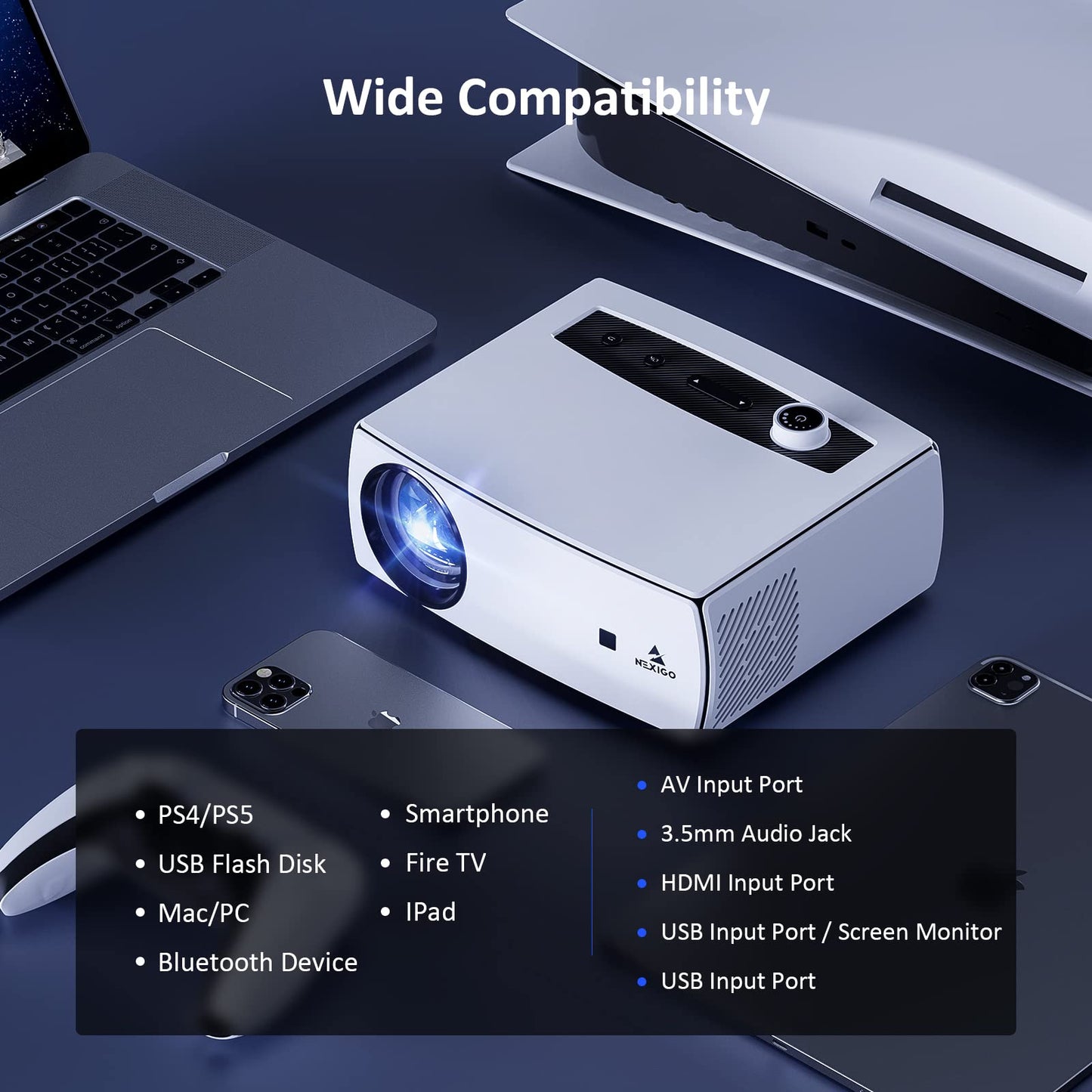 NexiGo - Proyector Bluetooth WiFi PJ10, 300ANSI, proyector de película nativo 1080P, soporte Dolby_Sound, control remoto, compatible con teléfono, computadora, HDMI, USB, interfaces AV
