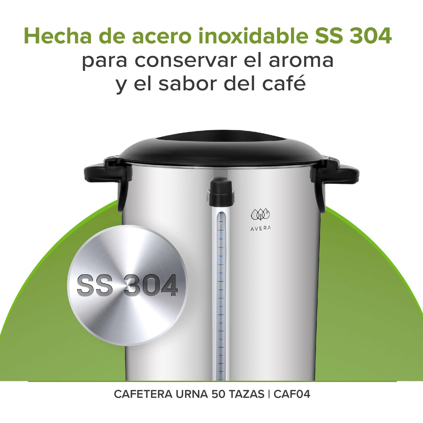 AVERA | Cafetera Urna de Acero Inoxidable para 50 Tazas | Indicador de Nivel de Agua | Luz Indicadora de Funcionamiento | Tapa con Bloqueo de Seguridad | CAF04