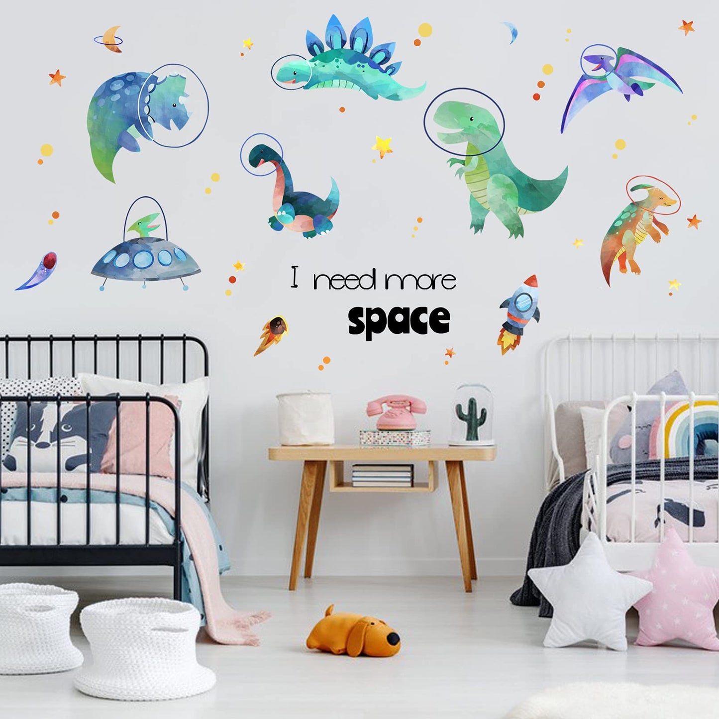 Yovkky - Calcomanía de pared para niños, dinosaurios espaciales, astronautas, divertidos adhesivos de dinosaurio, planeta de animales de dinosaurio, decoración de cohetes, decoración del hogar