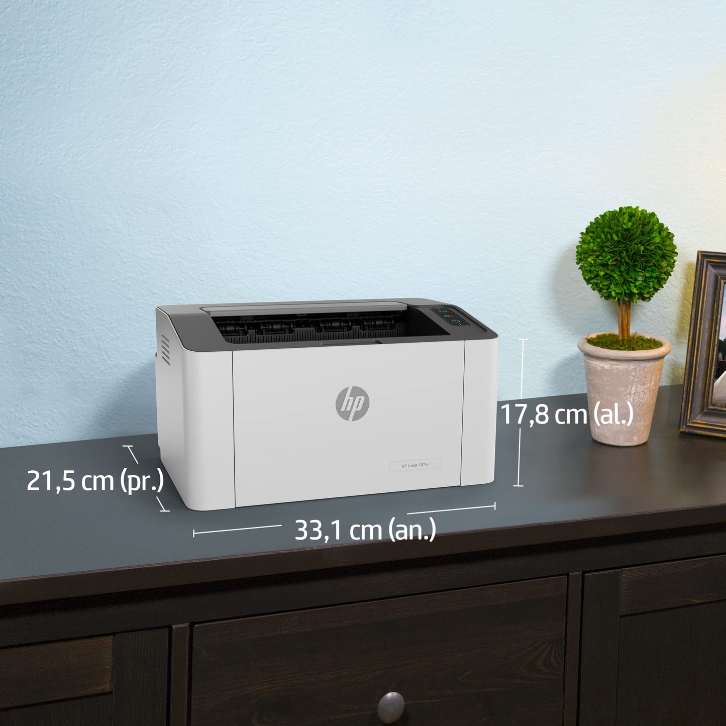 HP Impresora Laser 107w, Láser, Impresión en Negro, Wi-Fi, USB, Impresión y escanéo Smart App, Apple Air Print, Bandeja de 150 Hojas, Pantalla LED (4ZB78A)