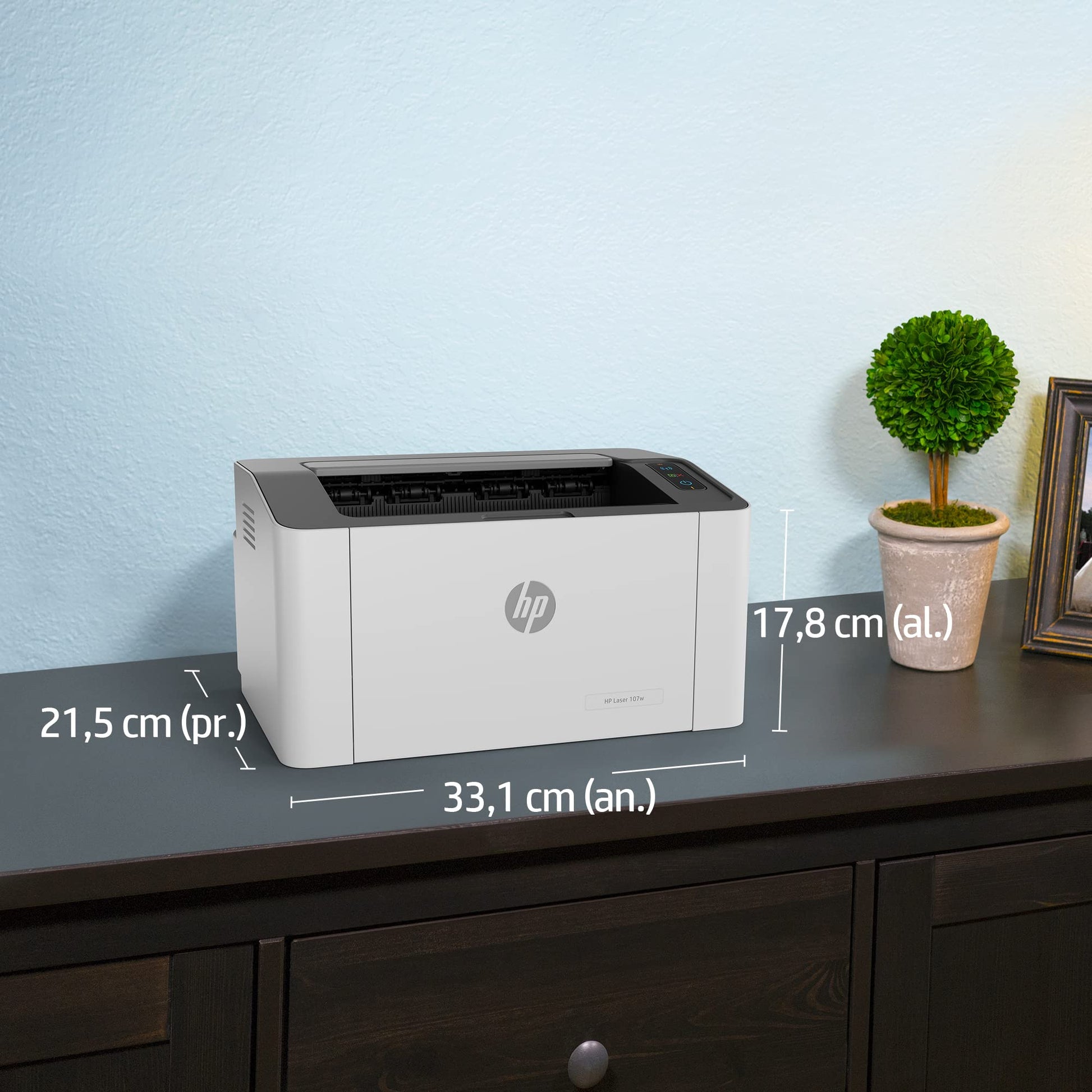 HP Impresora Laser 107w, Láser, Impresión en Negro, Wi-Fi, USB, Impresión y escanéo Smart App, Apple Air Print, Bandeja de 150 Hojas, Pantalla LED (4ZB78A)