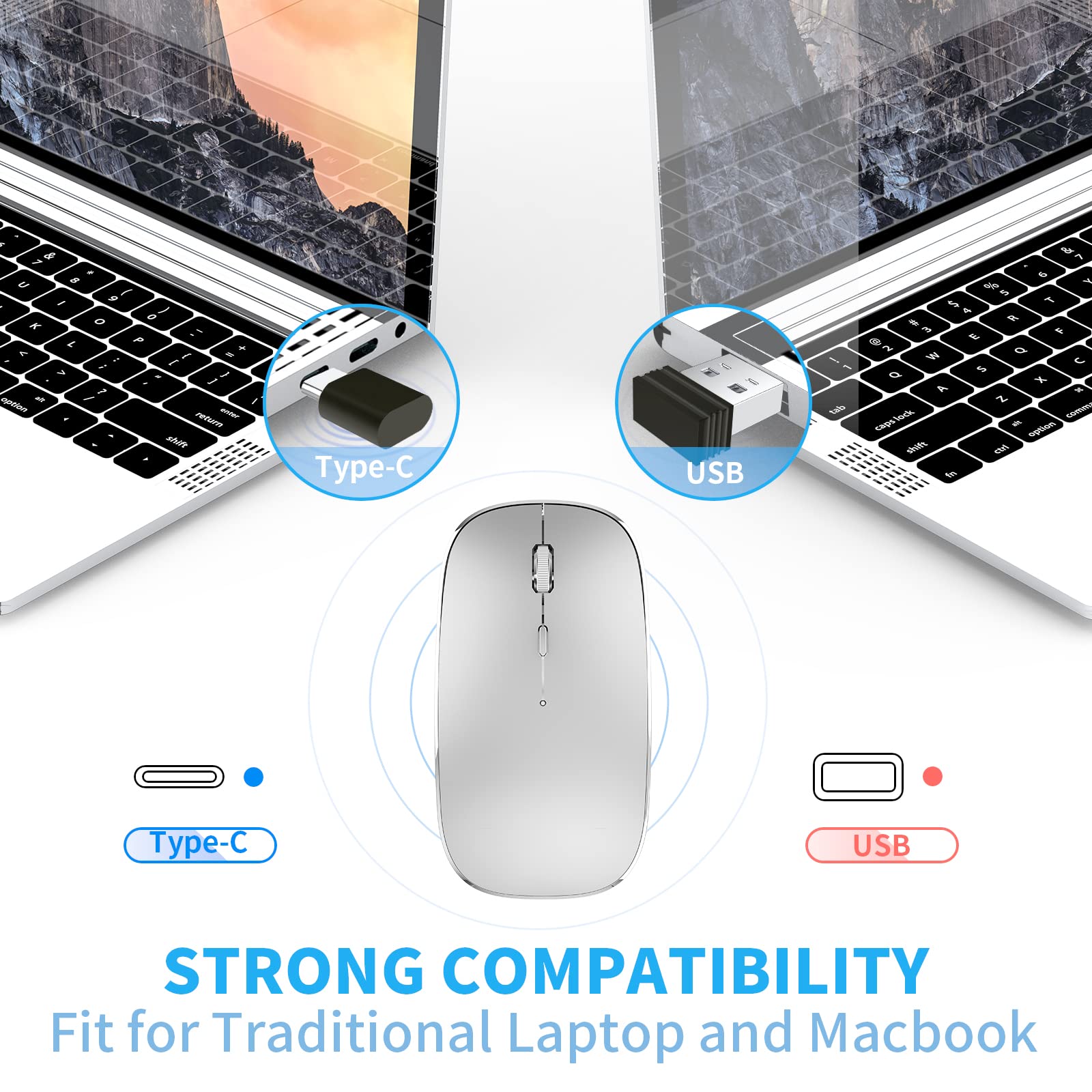 Leolee Mouse Inalámbrico, Ratón Inalámbrico Recargable, Mouse Wireless con 2.4G, óptico Silencioso Click, Receptor USB y Tipo-c Adaptador 3 Ajustable dpi para Computadora, Portátil, PC, Mac (Gris)