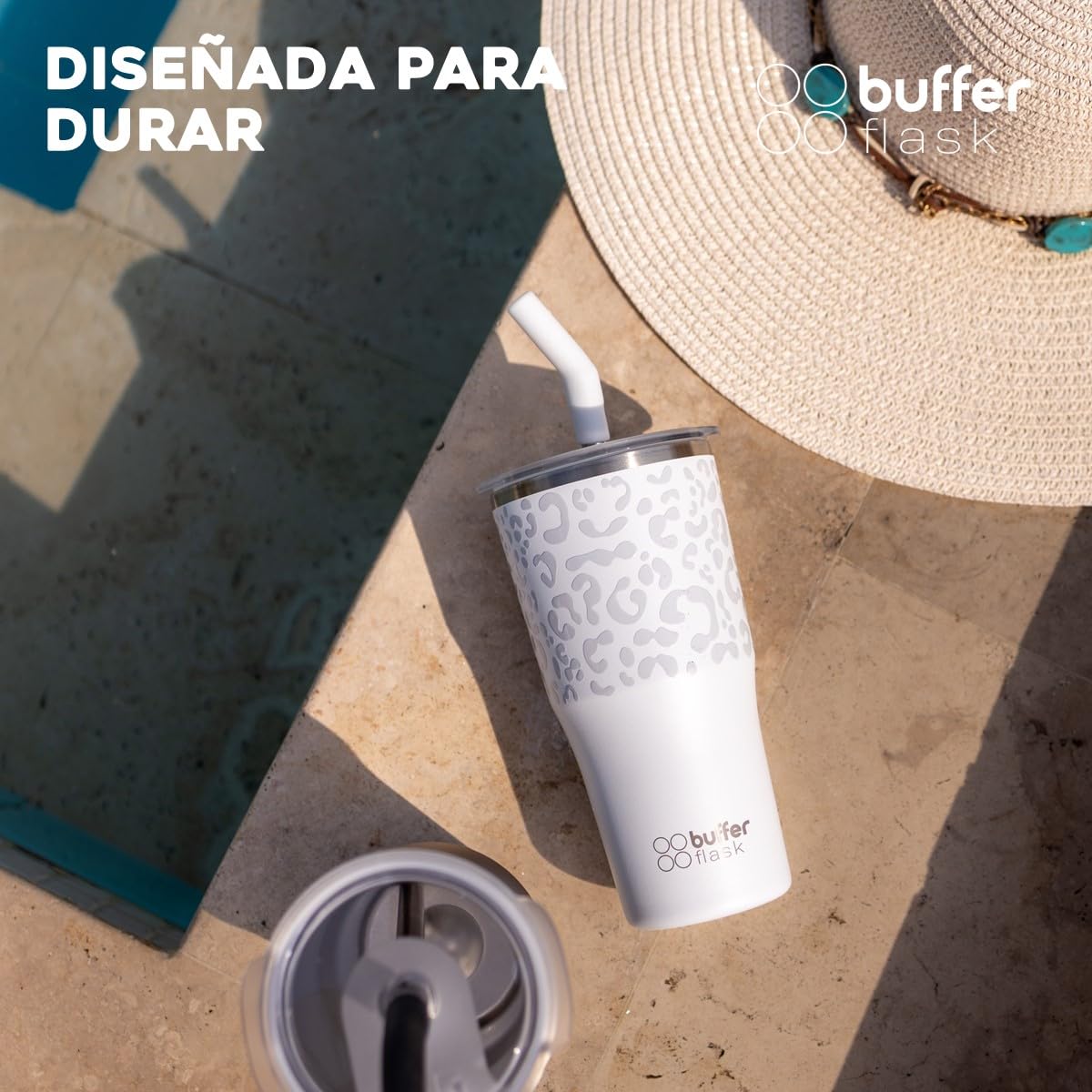 Buffer Flask - Vaso Térmico 600 ml - Termo para Café y Agua de Acero Inoxidable - Tapa Anti Derrame y Fugas - Taza Tumbler Mug para Bebidas Frías y Calientes - Incluye Popote - Color Leopardo Blanco
