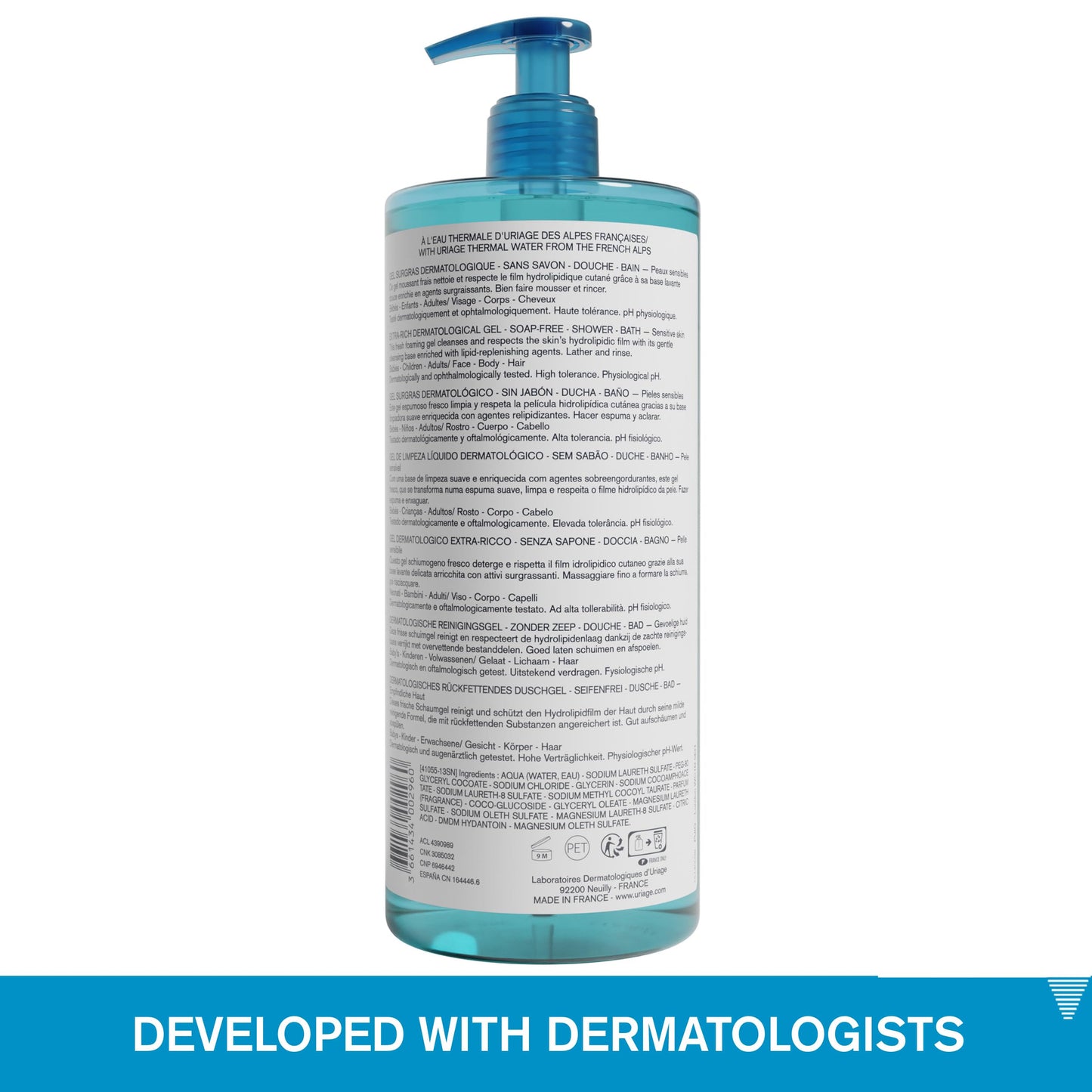 URIAGE Gel de ducha dermatológico extra rico para piel sensible I Mantiene el film hidrolipídico de la piel. Limpiador corporal espumoso y fresco I Cara y cuerpo I Sin parabenos y sin jabón I pH fisiológico