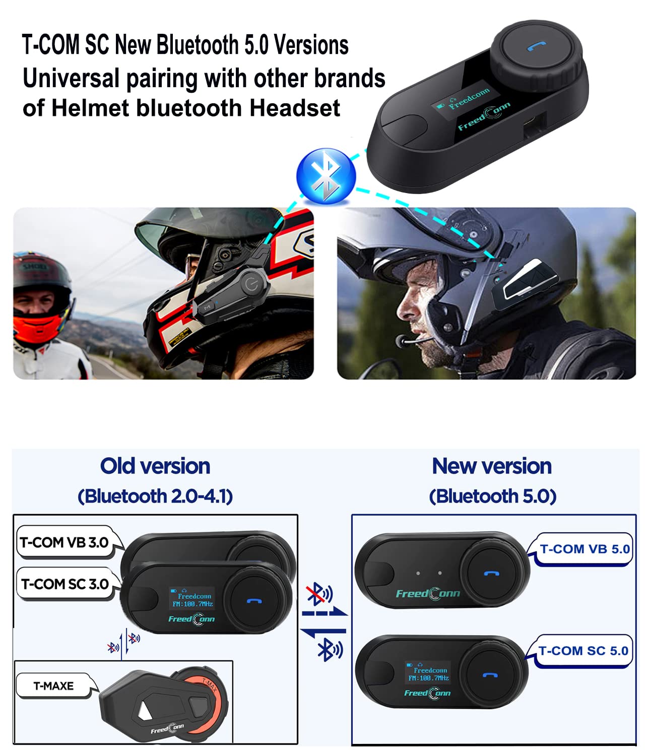 FreedConn - Auriculares Bluetooth para motocicleta, 800 m, interfono de 2 vías, Bluetooth para motocicleta, TCOM-SC, intercomunicador impermeable, sistemas de intercomunicación de casco, con