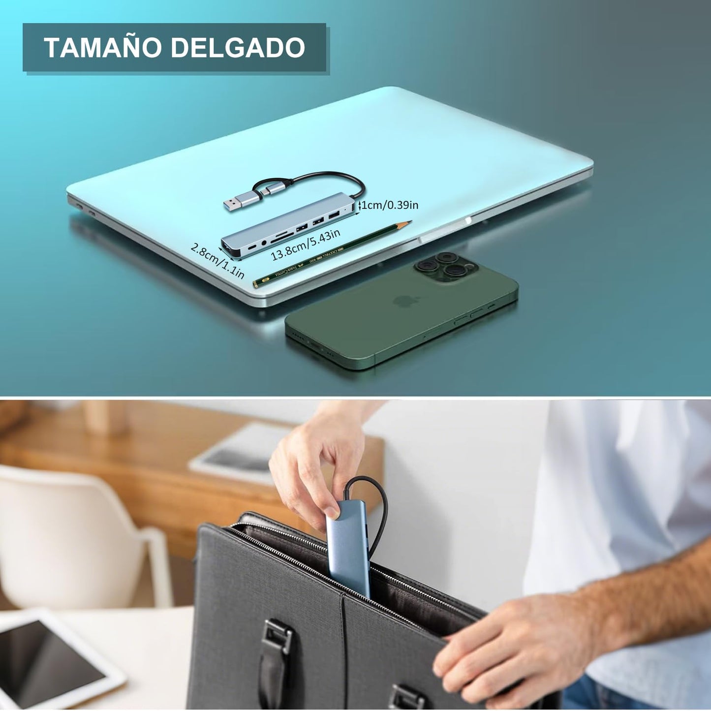HeiLuon Hub USB C 8 en 1,USB 3.0 con Jack 3.5mm, Adaptador de Puertos USB Múltiple para Laptop, 4 Puertos USB, 1 Puerto USB-C, Lector de Tarjetas TF & SD, Compatible con MacBook, ProPad y Tablets