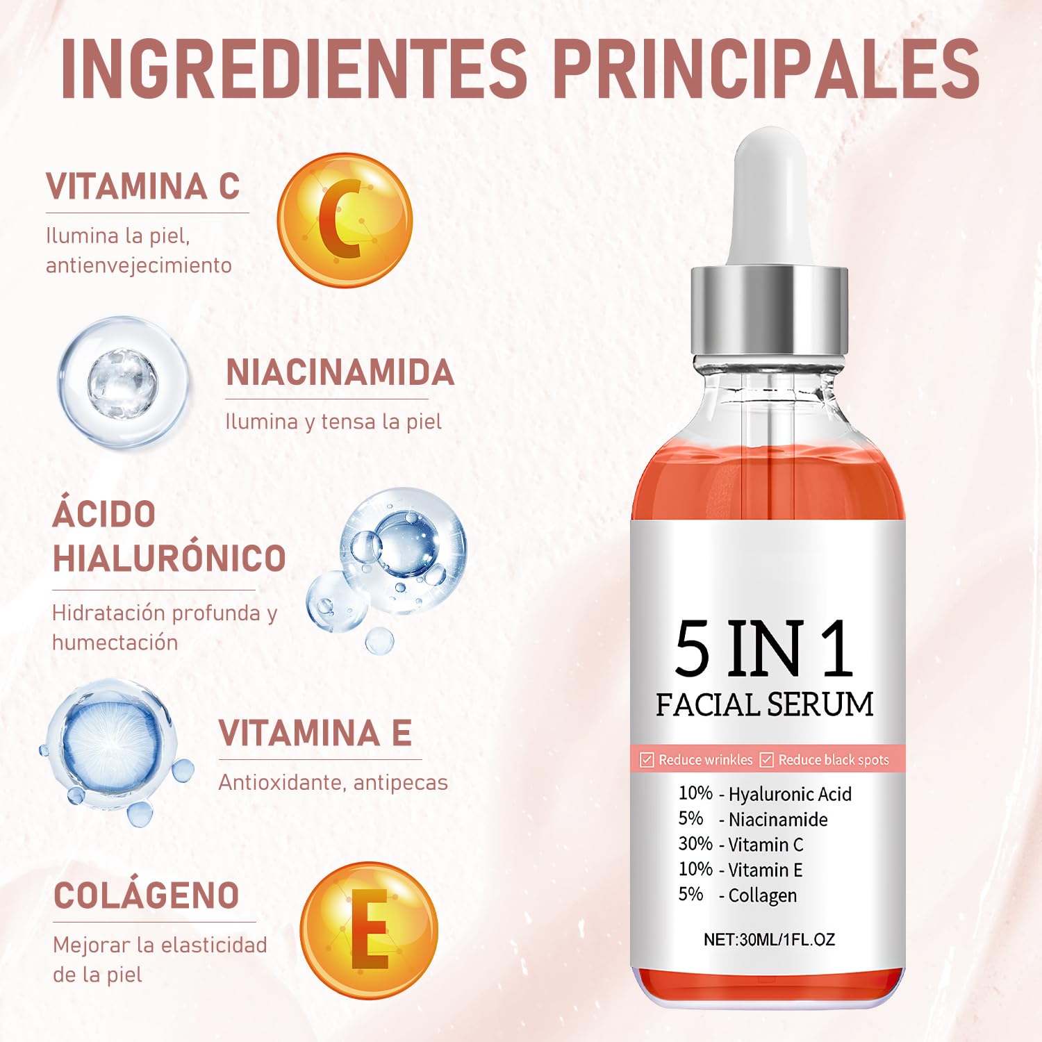 Suero Facial Antienvejecimiento 5 en 1 con Vitamina C y Ácido Hialurónico - Reafirma, Reduce Arrugas y Unifica Tono de Piel