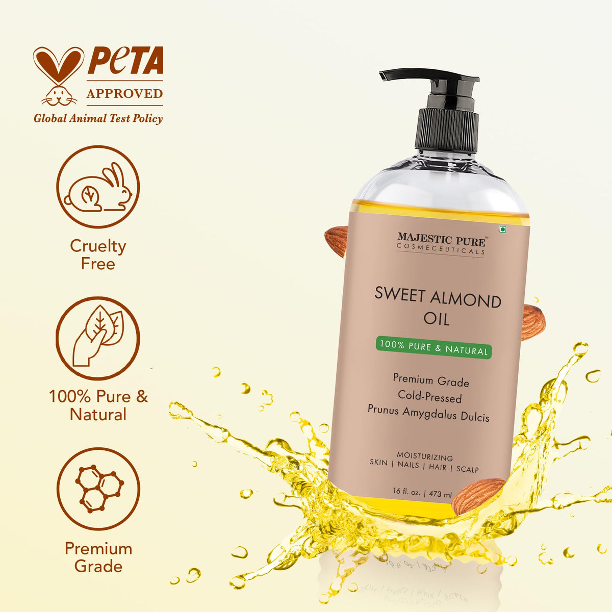 Majestic Pure Sweet Almond Oil, Super Triple A Grade Quality, 100% Pure and Natural from Spain, Cold Pressed , 16 fl oz.